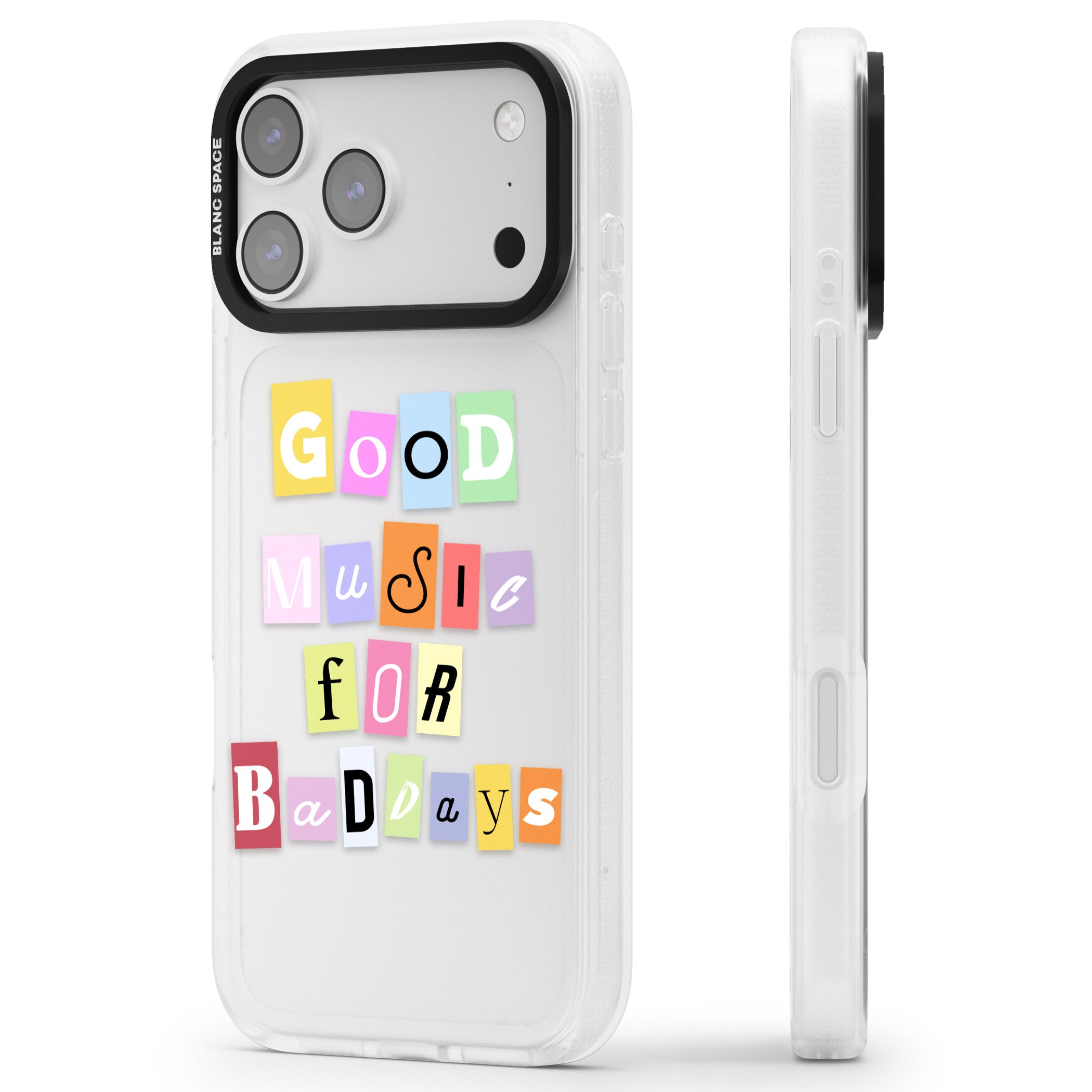 Good Music For Bad Days iPhone 17 Pro Max Impact Air Clear Phone Case Side Profile
