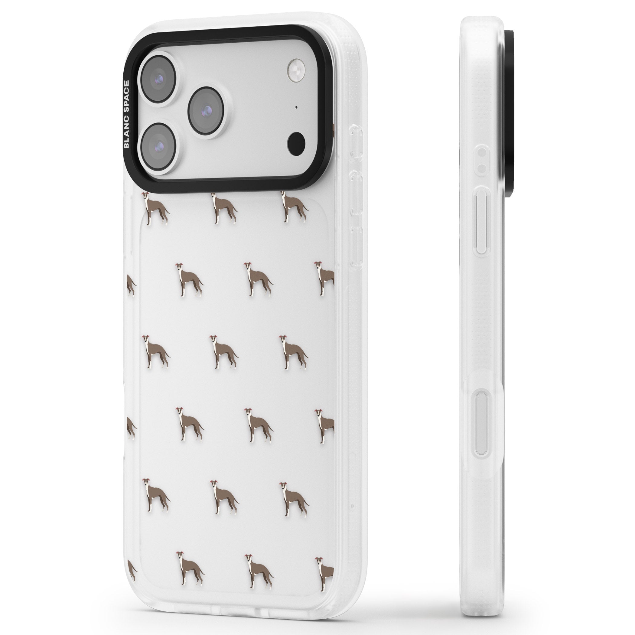 Whippet Dog Pattern Clear iPhone 17 Pro Max Impact Air Clear Phone Case Side Profile