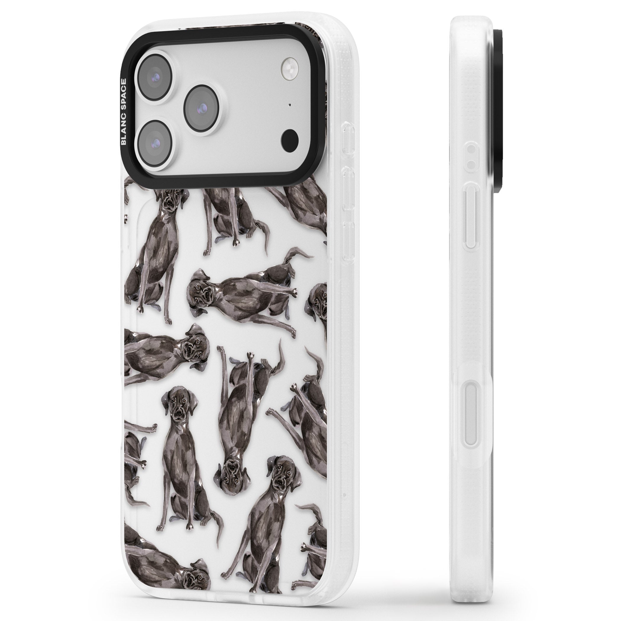 Black Labrador Watercolor Pattern iPhone 17 Pro Max Impact Air Clear Phone Case Side Profile