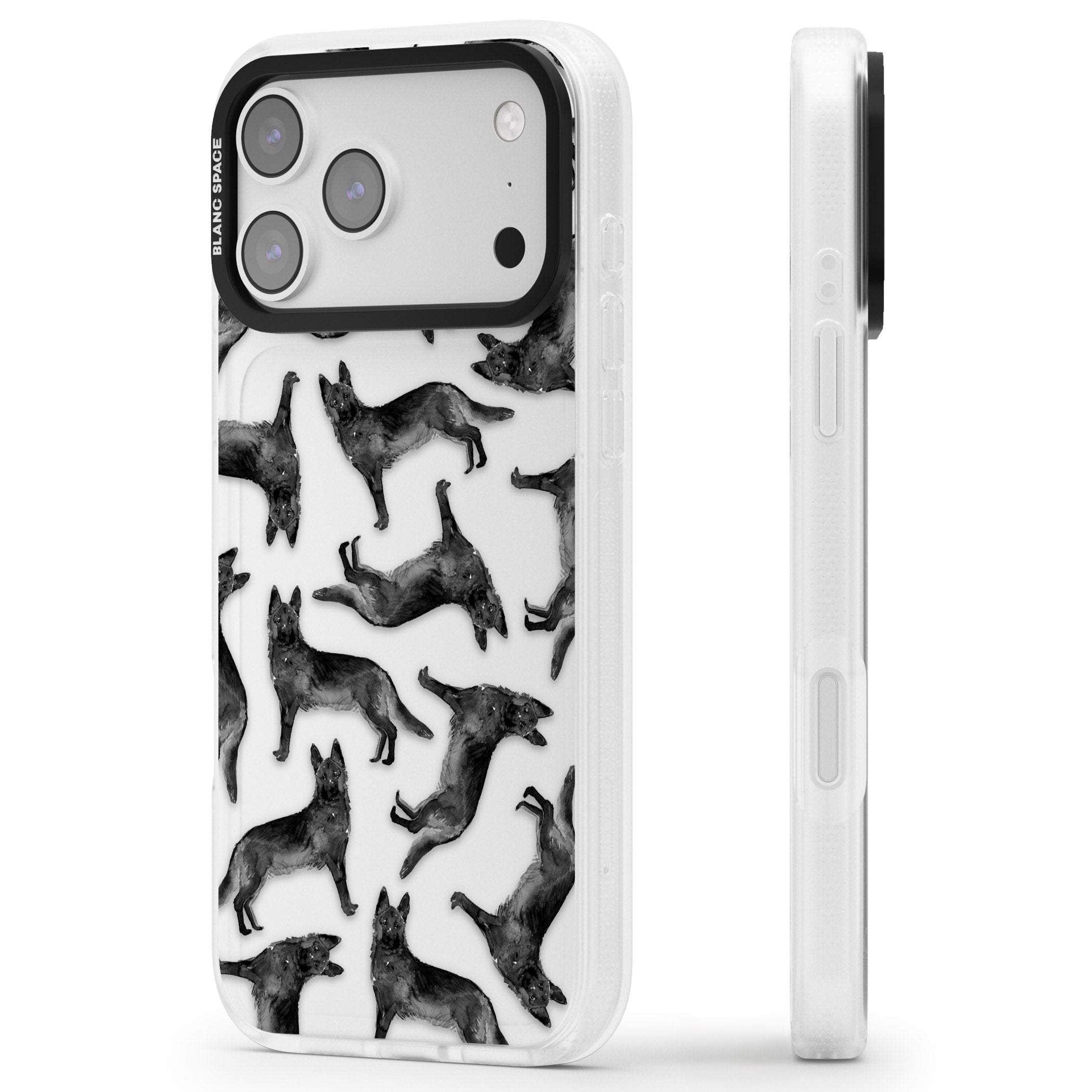 German Shepherd Pattern Black iPhone 17 Pro Impact Air Clear Phone Case Side Profile