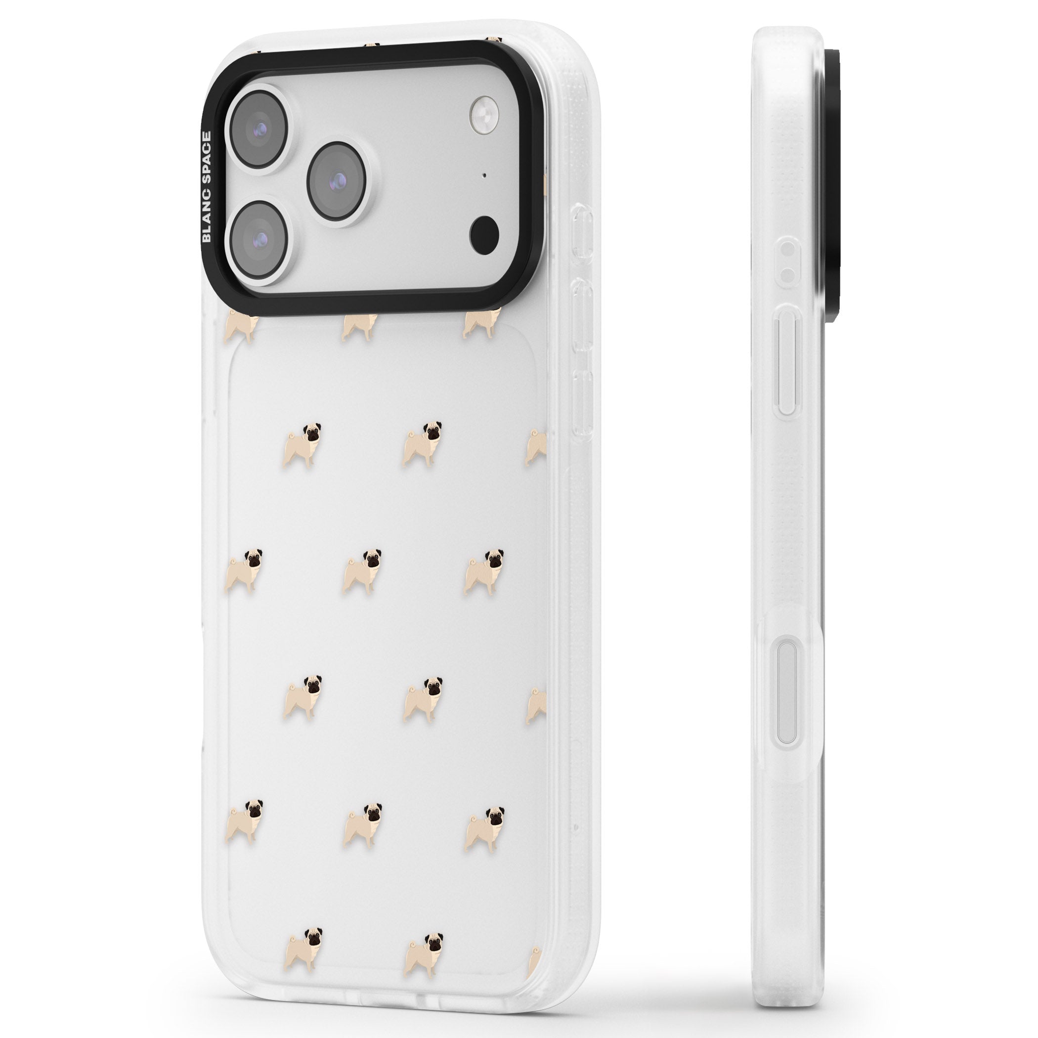 Pug Pattern iPhone 17 Pro Max Impact Air Clear Phone Case Side Profile