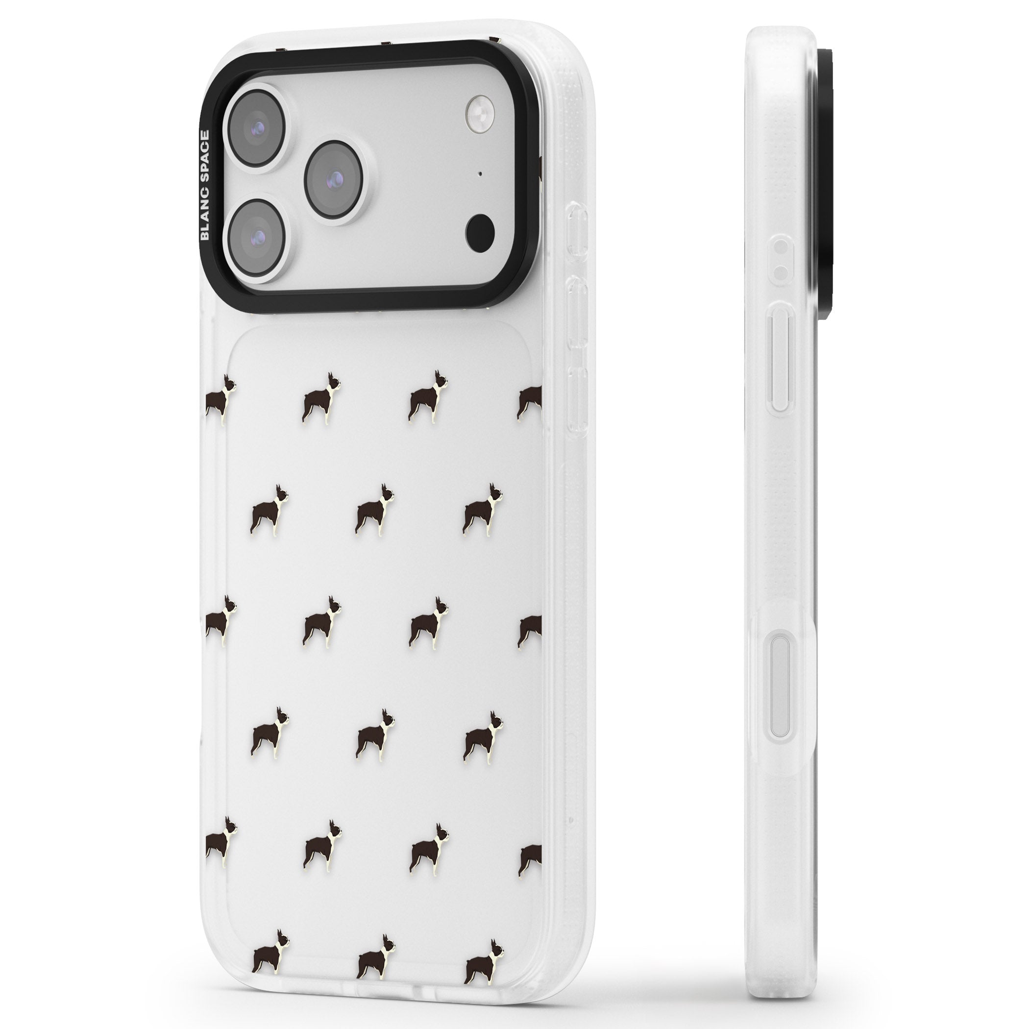 Boston Terrier Pattern iPhone 17 Pro Impact Air Clear Phone Case Side Profile