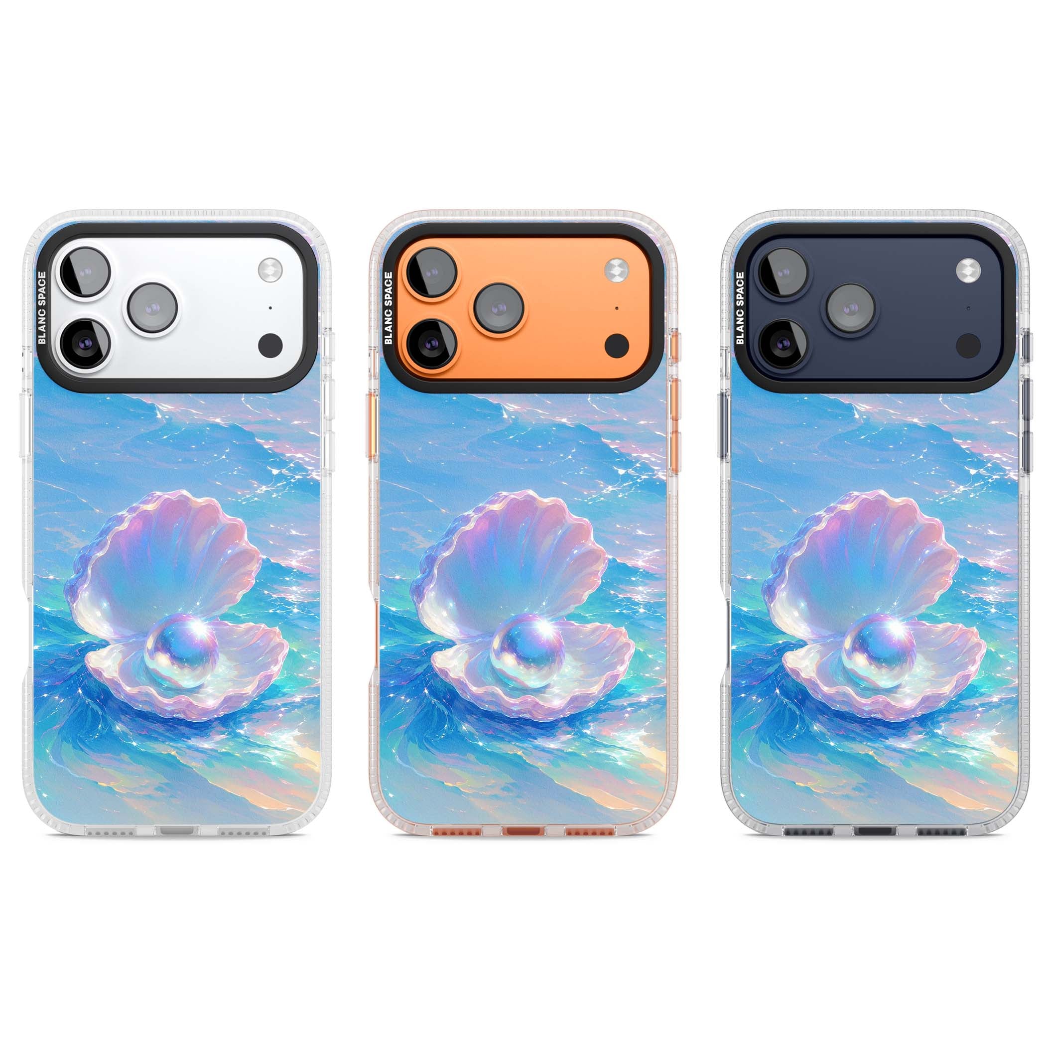 The Pearl Clam mermaidcore iPhone case featuring iridescent seashell, glowing pearl and pastel ocean waves | Clear Case Impact Air case for iPhone 17 Pro, iPhone 17 Pro Max