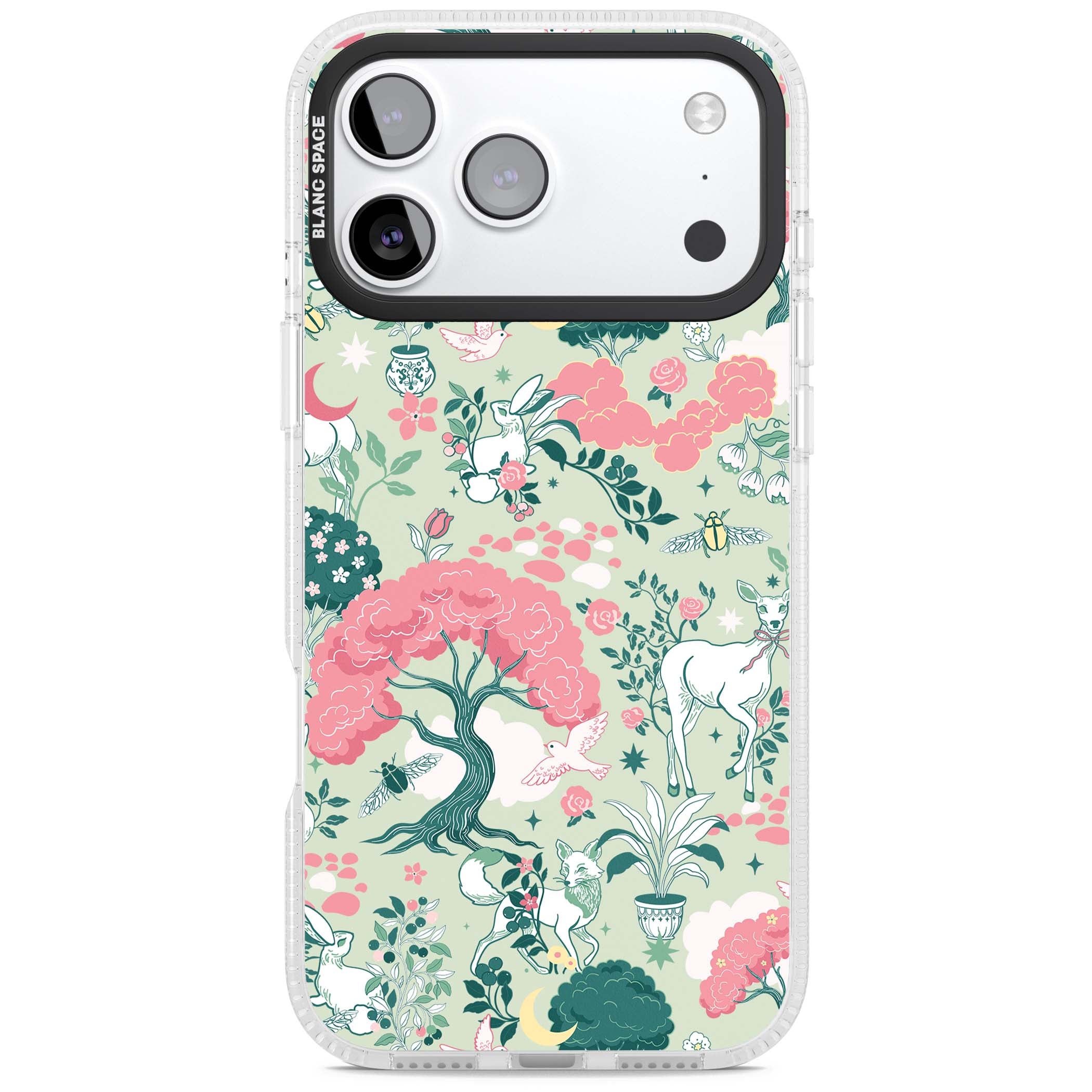 Enchanted Woodland cottagecore iPhone case featuring white deer, pink roses, mushrooms and woodland animals on sage green | Clear Case Impact Air case for iPhone 17 Pro, iPhone 17 Pro Max