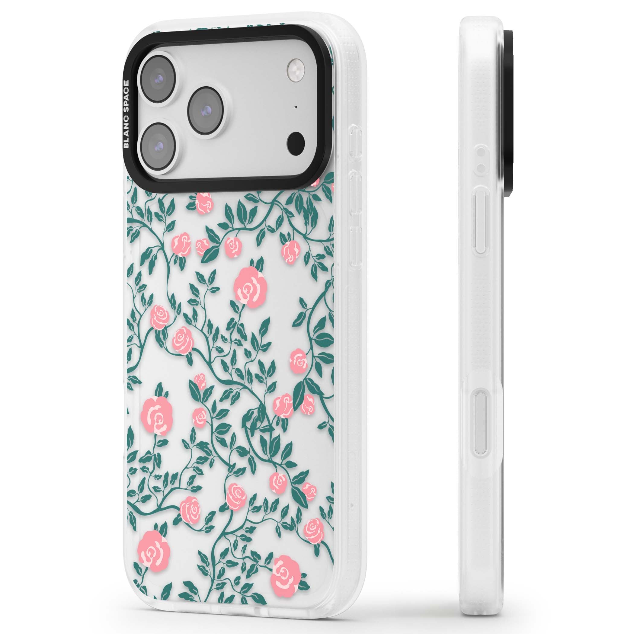 Rose Trellis (Clear) cottagecore iPhone case featuring pink climbing roses and green leaves on clear background | Clear Case Impact Air case for iPhone 17 Pro, iPhone 17 Pro Max