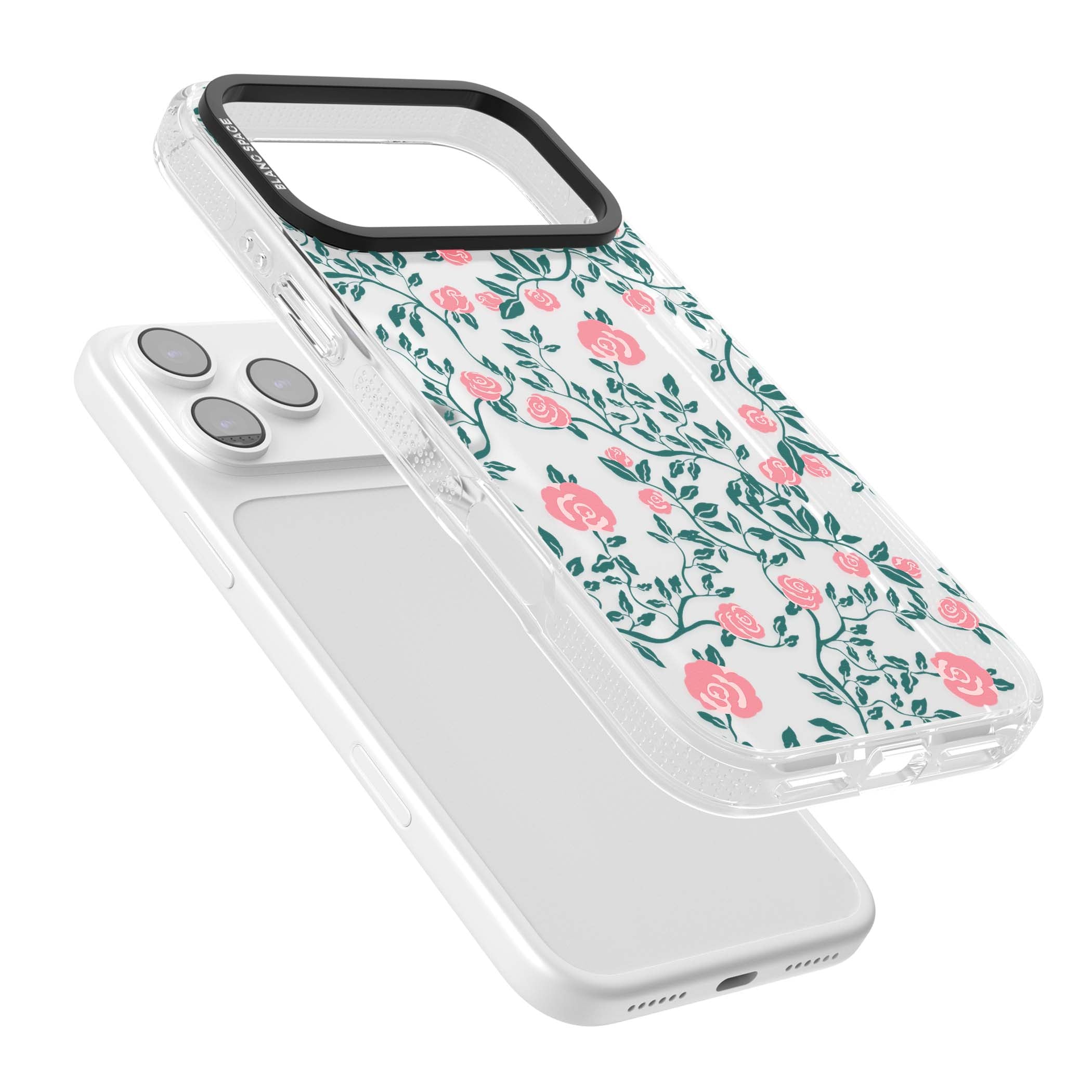 Rose Trellis (Clear) cottagecore iPhone case featuring pink climbing roses and green leaves on clear background | Clear Case Impact Air case for iPhone 17 Pro, iPhone 17 Pro Max