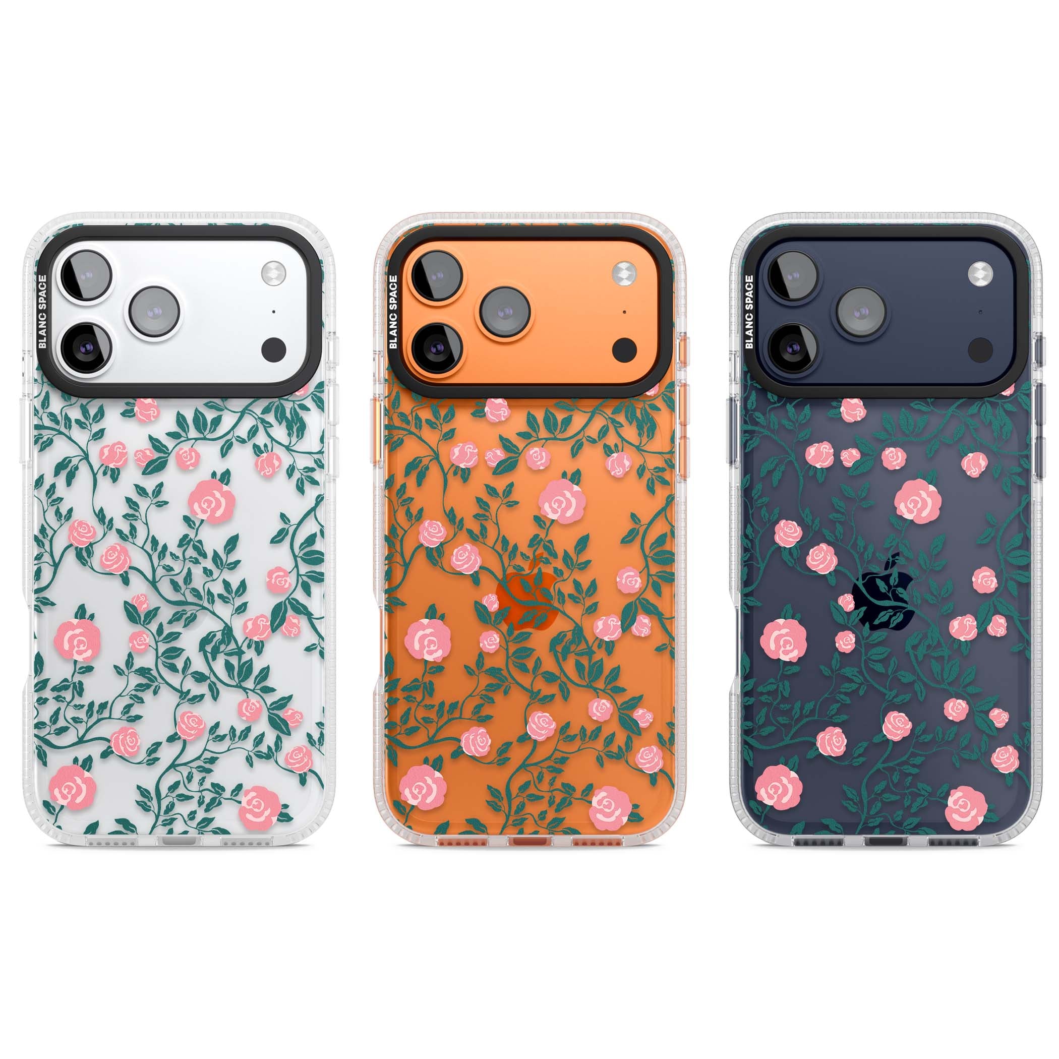 Rose Trellis (Clear) cottagecore iPhone case featuring pink climbing roses and green leaves on clear background | Clear Case Impact Air case for iPhone 17 Pro, iPhone 17 Pro Max