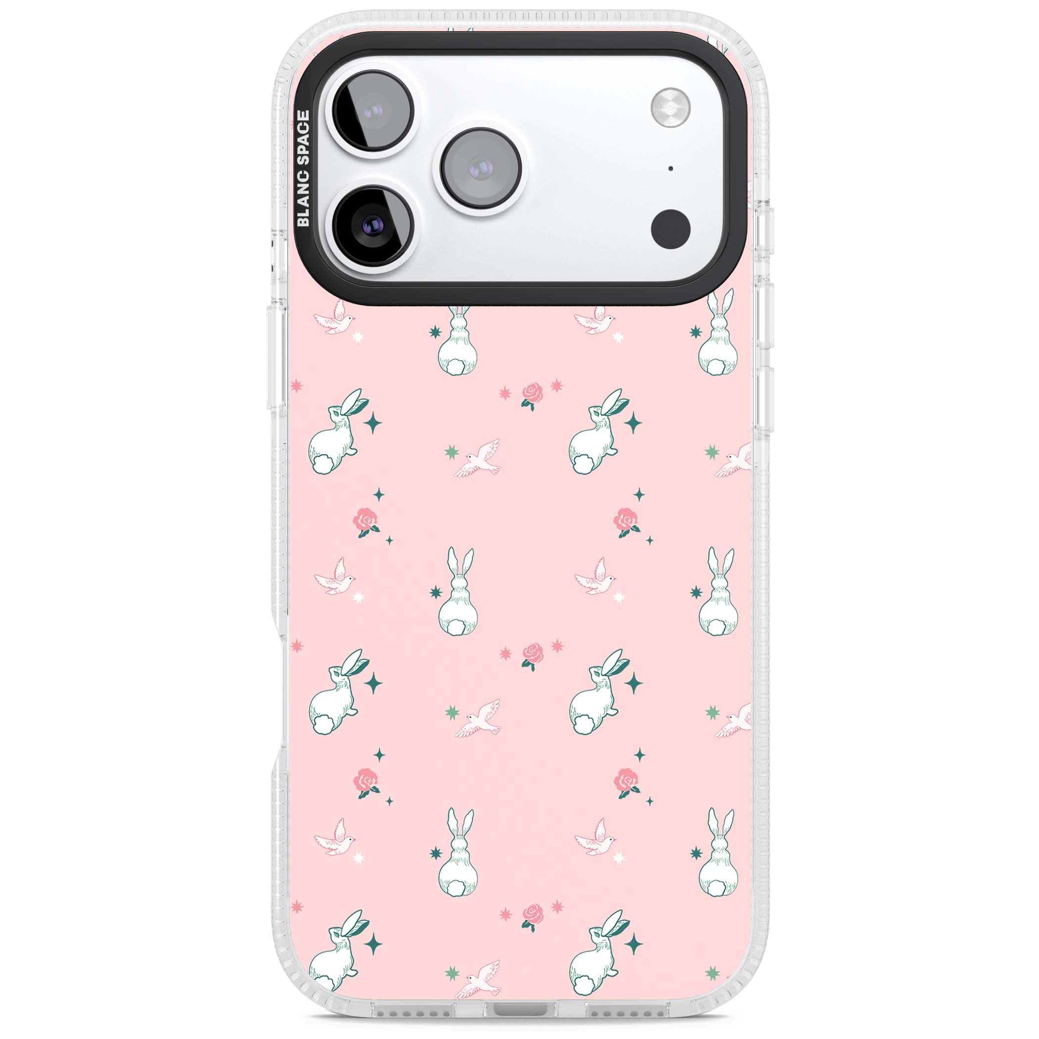 Bunny Garden kawaii iPhone case featuring white rabbits, pink roses, doves and stars on pink background | Clear Case Impact Air case for iPhone 17 Pro, iPhone 17 Pro Max