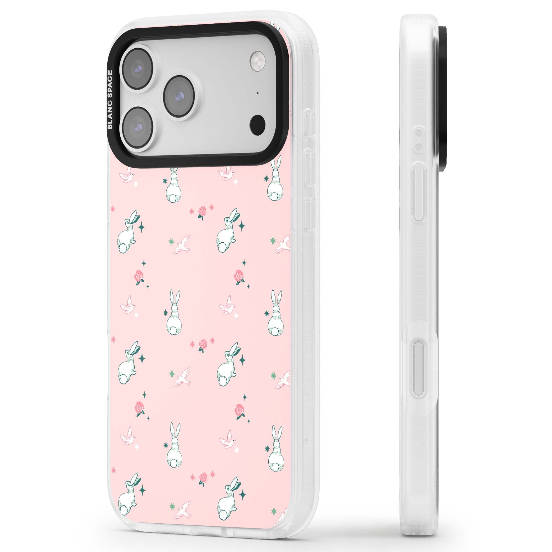 Bunny Garden kawaii iPhone case featuring white rabbits, pink roses, doves and stars on pink background | Clear Case Impact Air case for iPhone 17 Pro, iPhone 17 Pro Max