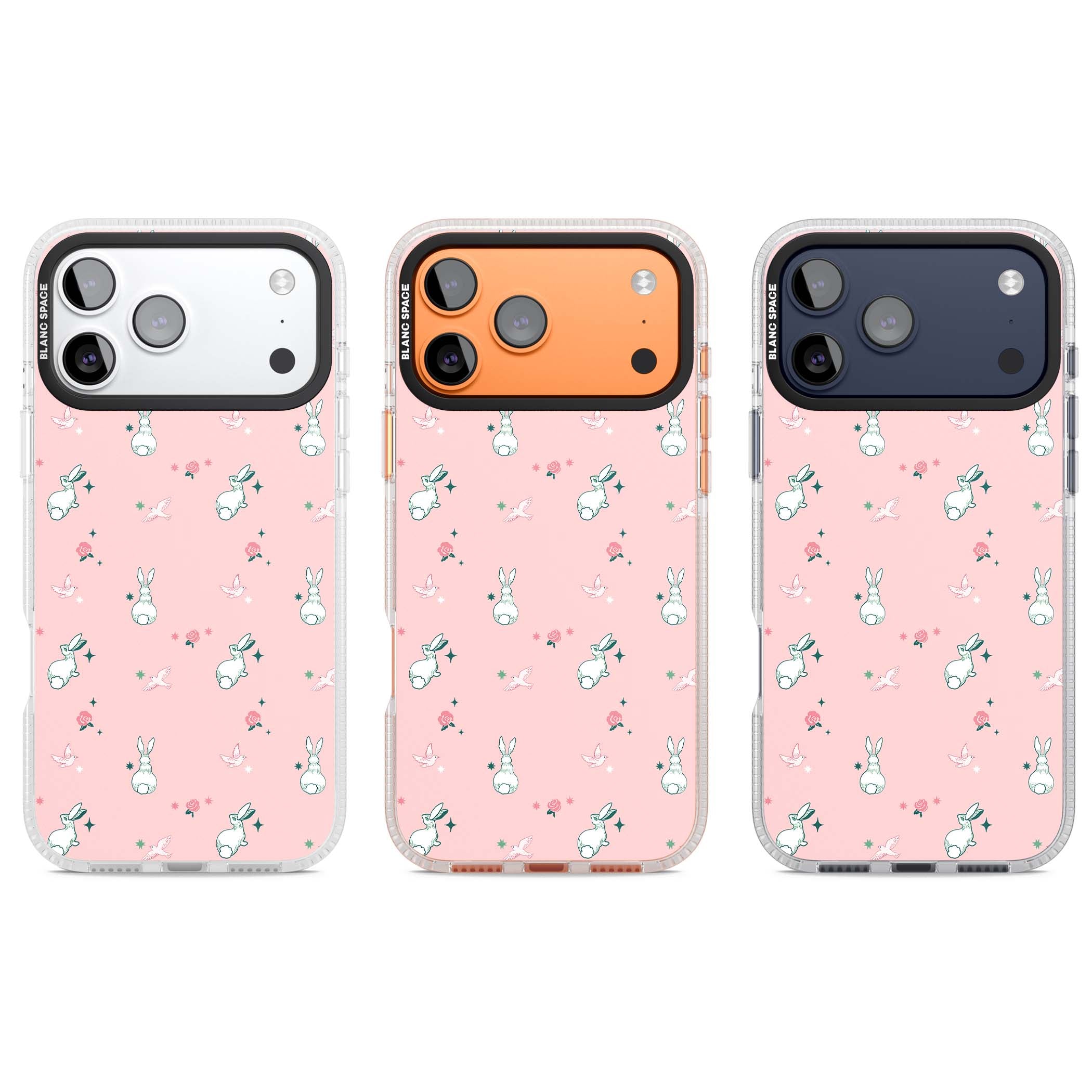 Bunny Garden kawaii iPhone case featuring white rabbits, pink roses, doves and stars on pink background | Clear Case Impact Air case for iPhone 17 Pro, iPhone 17 Pro Max
