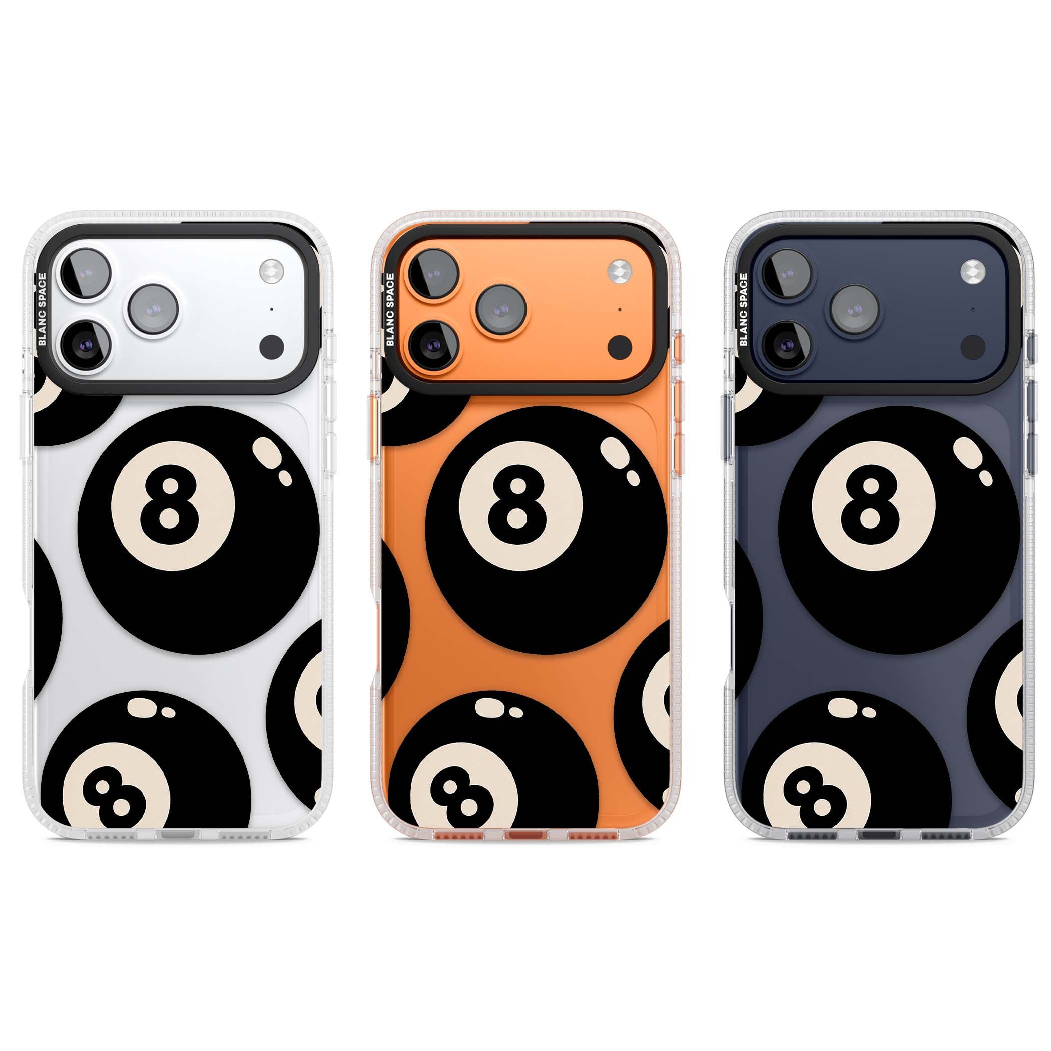 Eights y2k iPhone case featuring scattered black 8 balls with cream highlights on a clear background | Clear Case Impact Air case for iPhone 17 Pro, iPhone 17 Pro Max