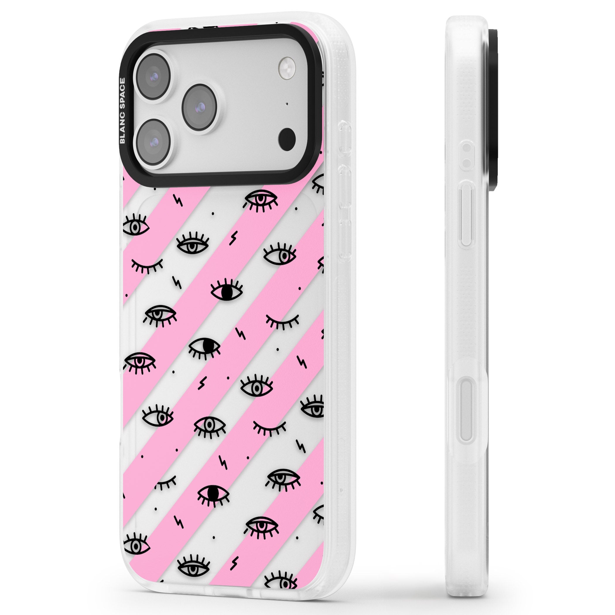 Pink Stripe Eyes iPhone 17 Pro Max Impact Air Clear Phone Case Side Profile