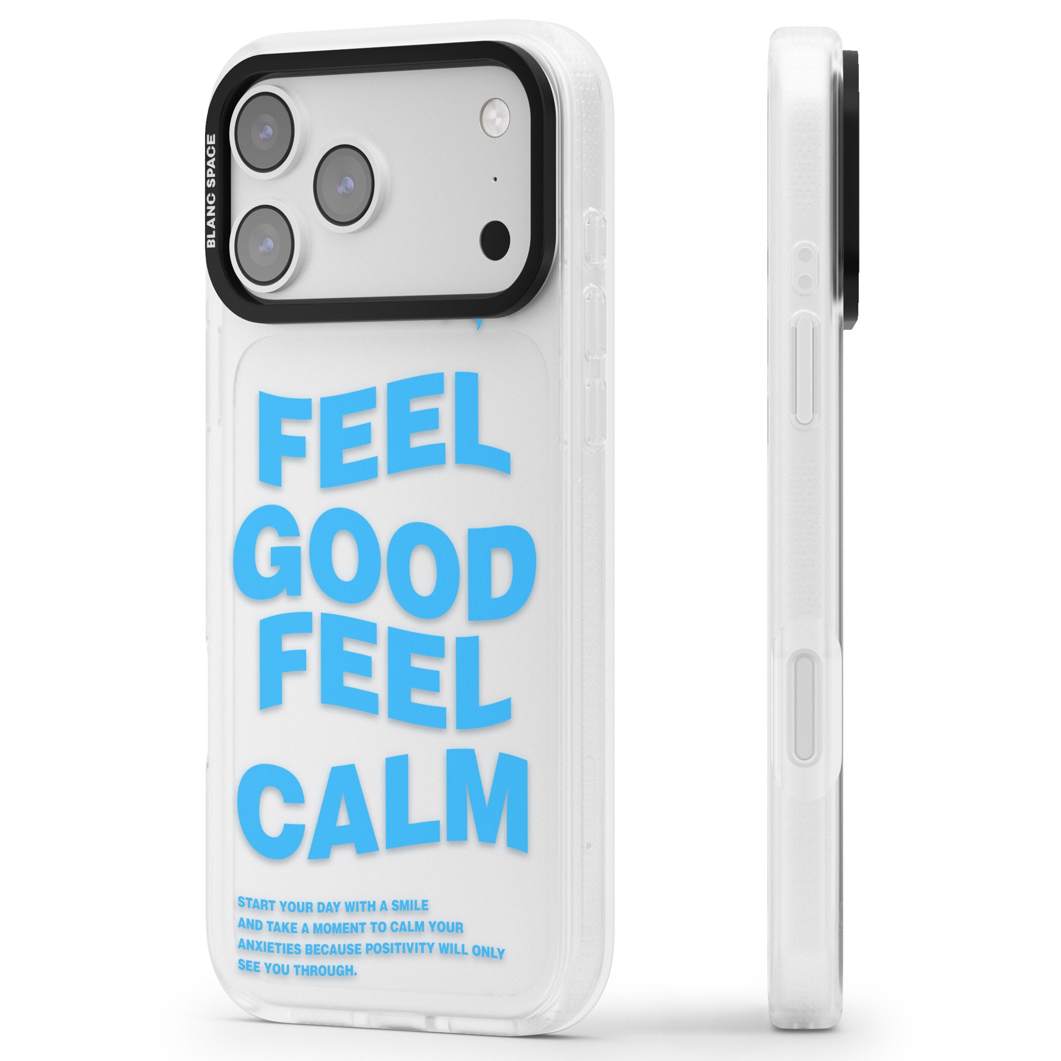Feel Good Feel Calm (Blue) iPhone 17 Pro Impact Air Clear Phone Case Side Profile