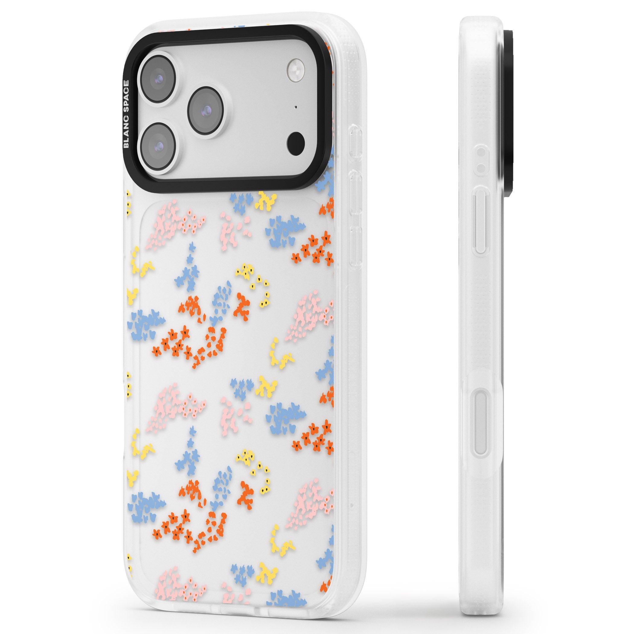 Floral Confetti: Transparent Delight iPhone 17 Pro Max Impact Air Clear Phone Case Side Profile