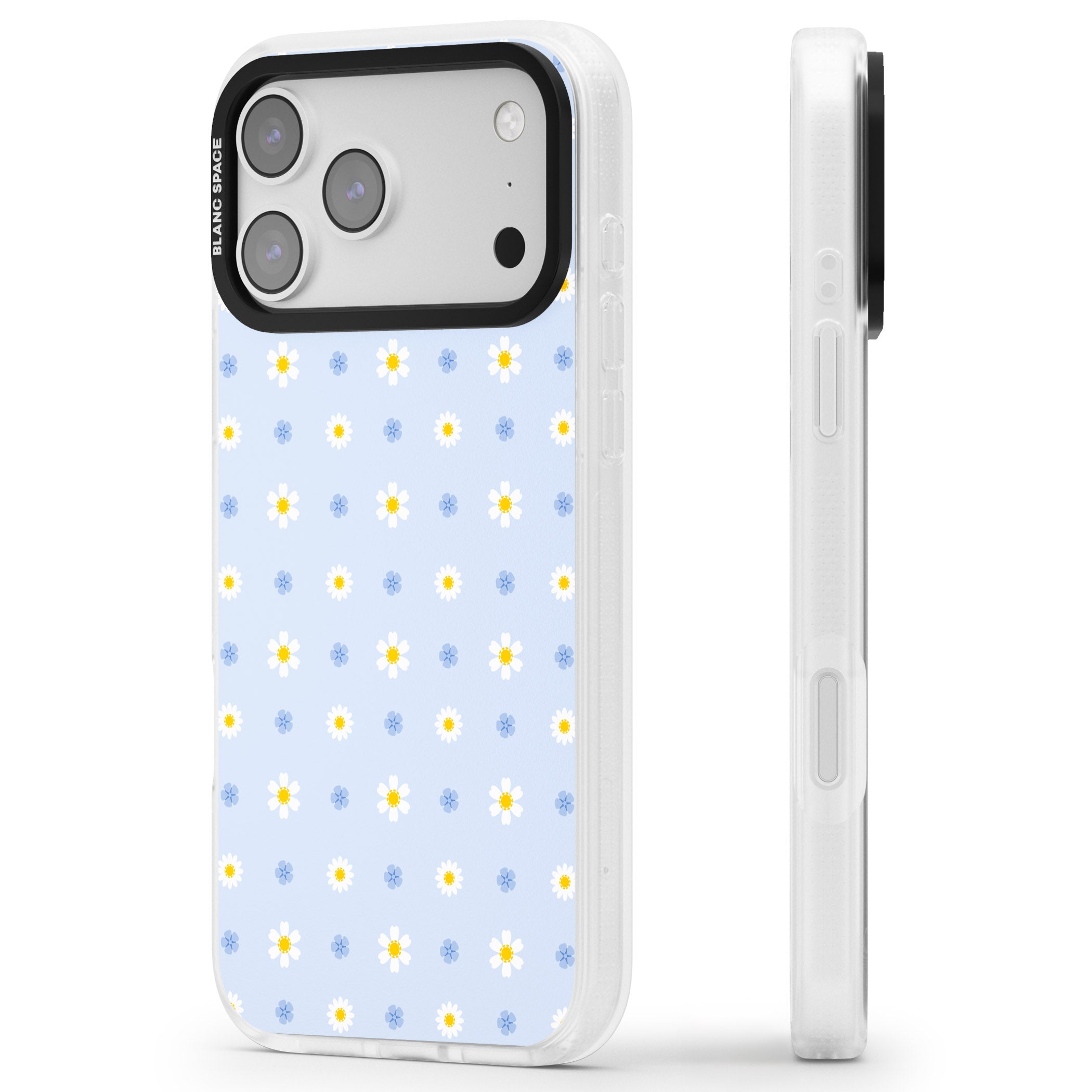 Pale Blue Daisies iPhone 17 Pro Impact Air Clear Phone Case Side Profile
