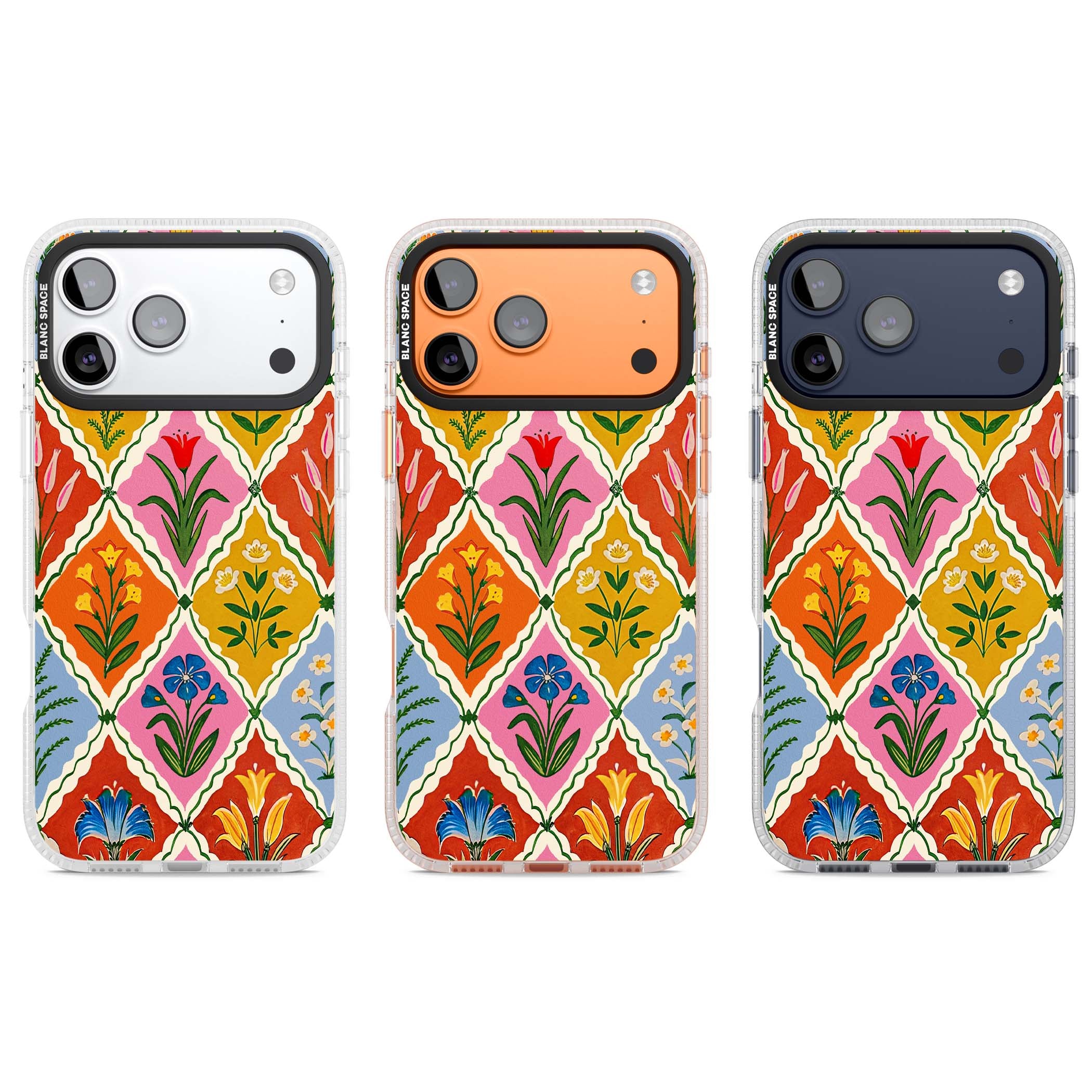 Floral Quilt boho floral iPhone case featuring diamond lattice pattern, hand-painted tulips and folk art wildflowers | Clear Case Impact Air case for iPhone 17 Pro, iPhone 17 Pro Max