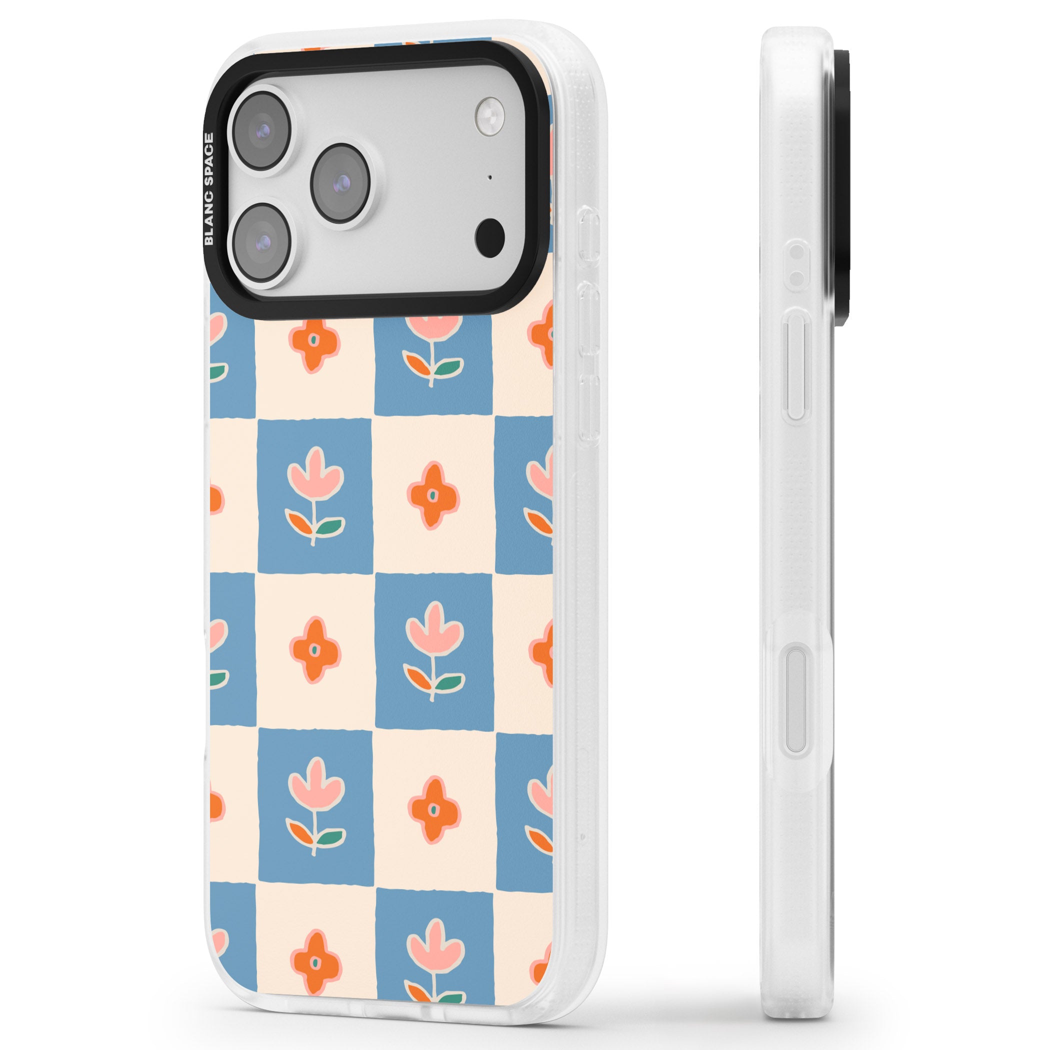 Vintage Bloom Checkered iPhone 17 Pro Max Impact Air Clear Phone Case Side Profile