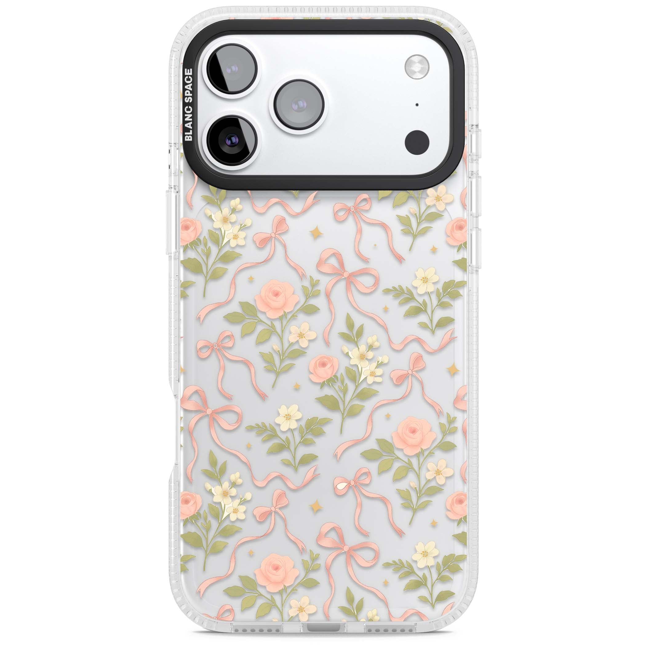 Ribbon Garden coquette iPhone case featuring pink bows, peach roses and wildflowers on white background | Clear Case Impact Air case for iPhone 17 Pro, iPhone 17 Pro Max