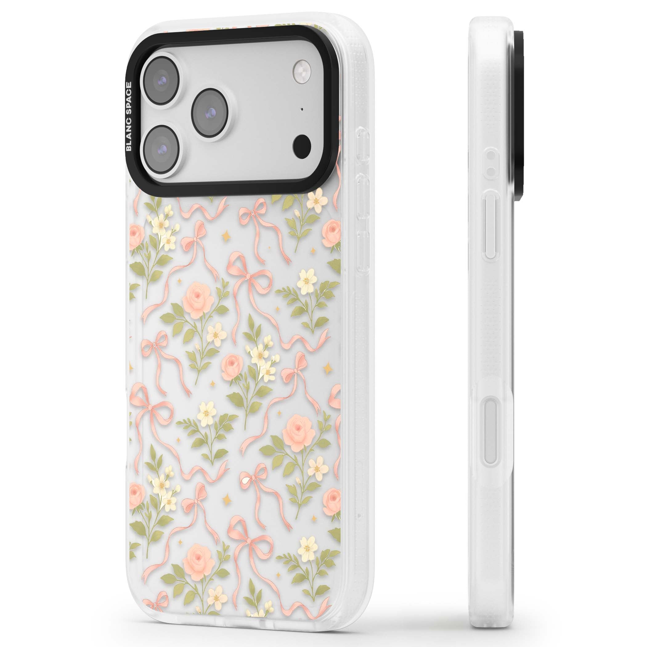 Ribbon Garden coquette iPhone case featuring pink bows, peach roses and wildflowers on white background | Clear Case Impact Air case for iPhone 17 Pro, iPhone 17 Pro Max