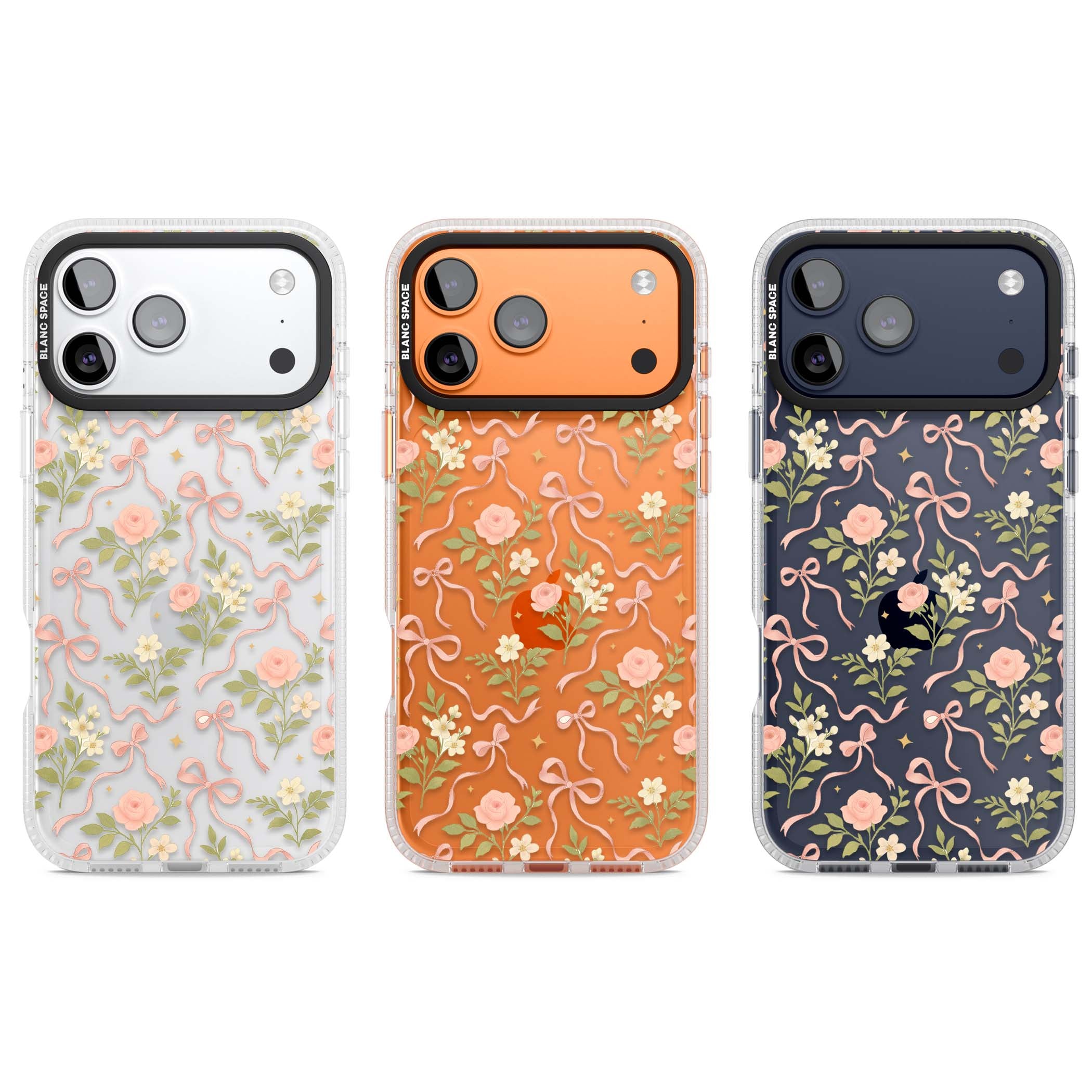 Ribbon Garden coquette iPhone case featuring pink bows, peach roses and wildflowers on white background | Clear Case Impact Air case for iPhone 17 Pro, iPhone 17 Pro Max