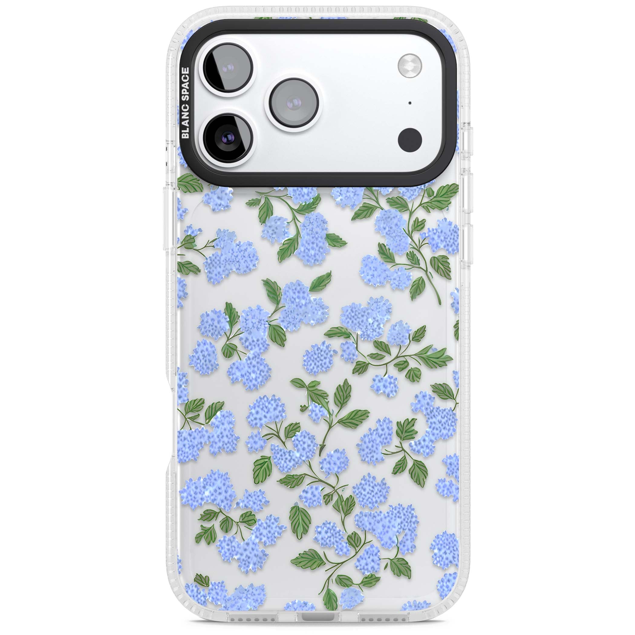 Hydrangea Dreams cottagecore iPhone case featuring soft blue hydrangea flower clusters and green leaves | Clear Case Impact Air case for iPhone 17 Pro, iPhone 17 Pro Max