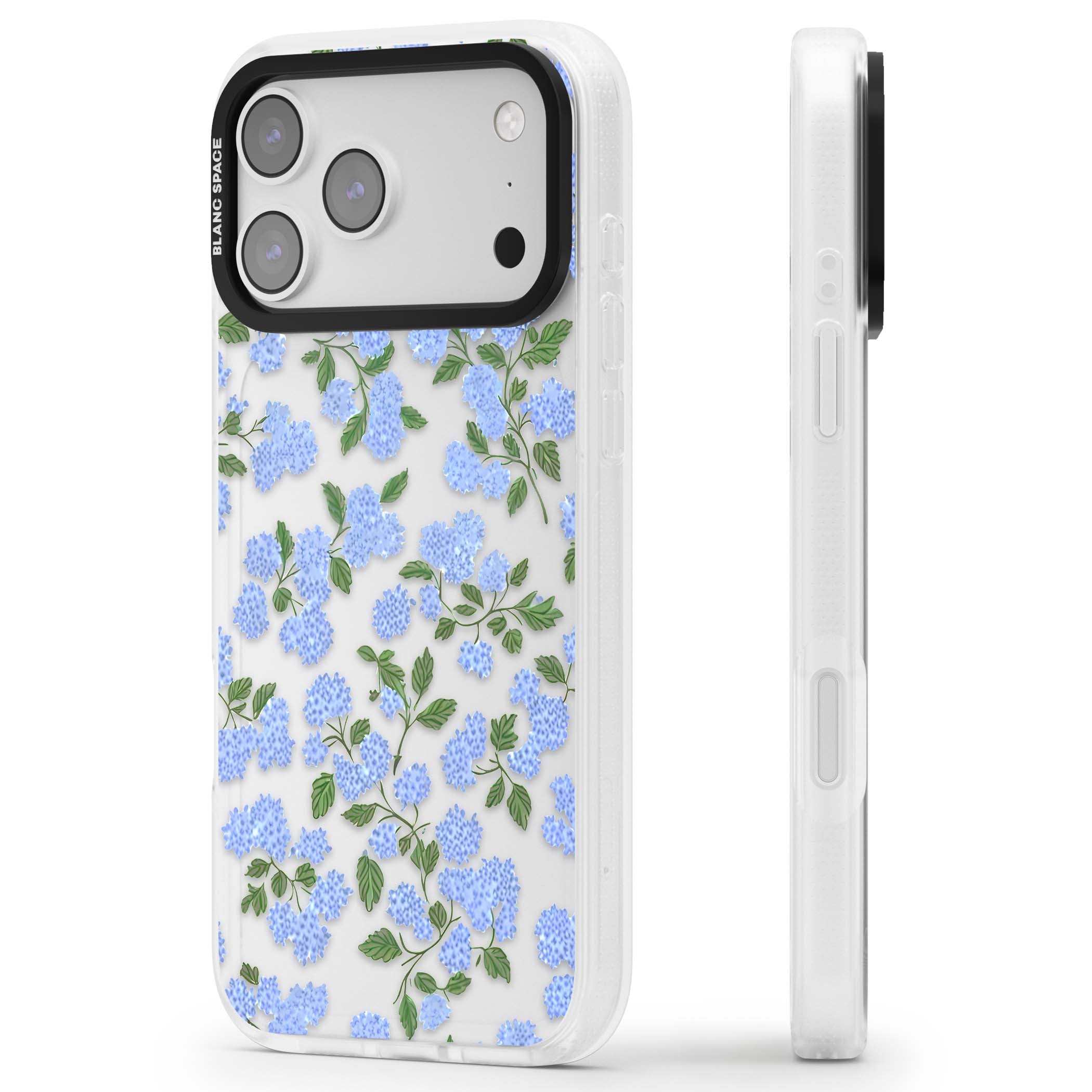 Hydrangea Dreams cottagecore iPhone case featuring soft blue hydrangea flower clusters and green leaves | Clear Case Impact Air case for iPhone 17 Pro, iPhone 17 Pro Max