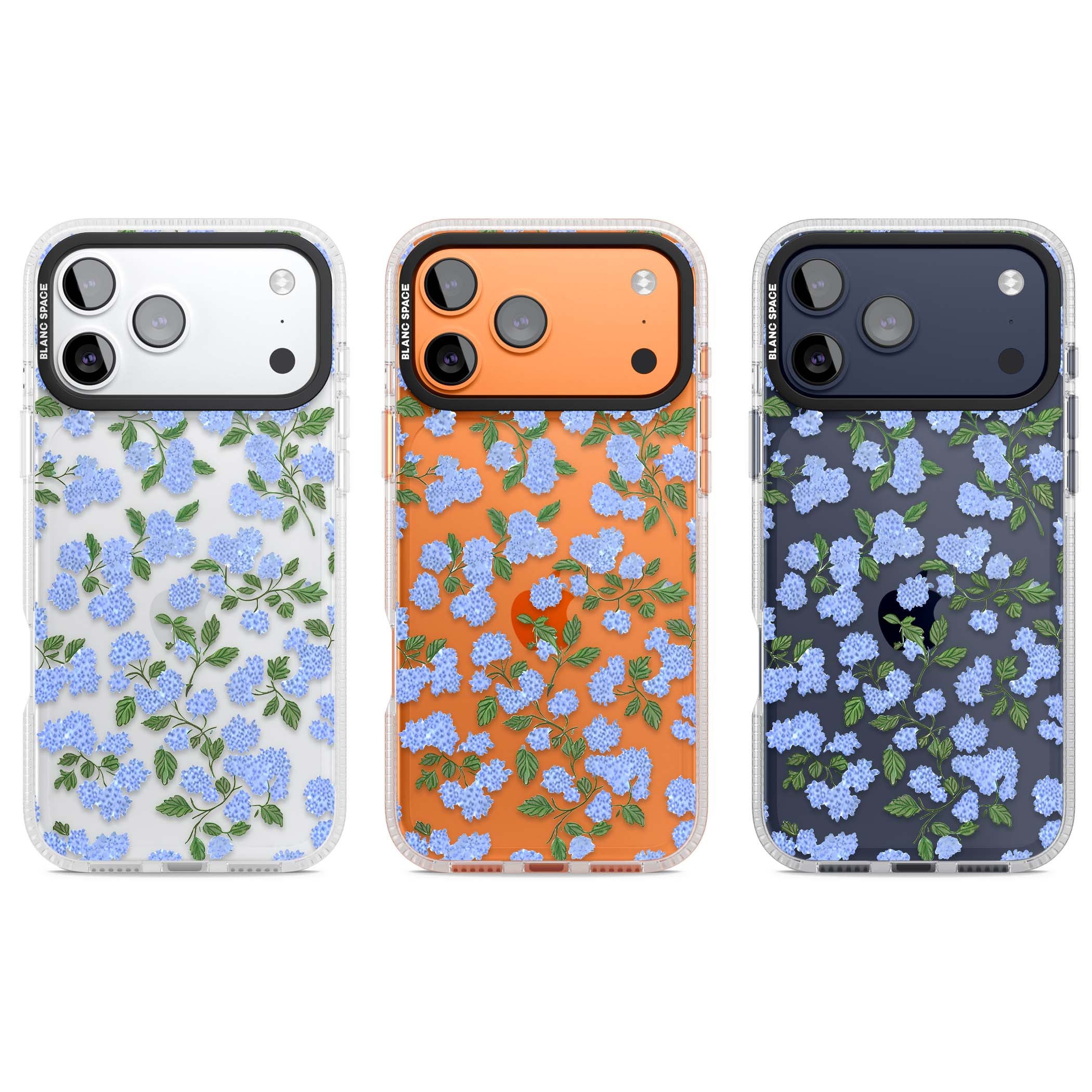 Hydrangea Dreams cottagecore iPhone case featuring soft blue hydrangea flower clusters and green leaves | Clear Case Impact Air case for iPhone 17 Pro, iPhone 17 Pro Max