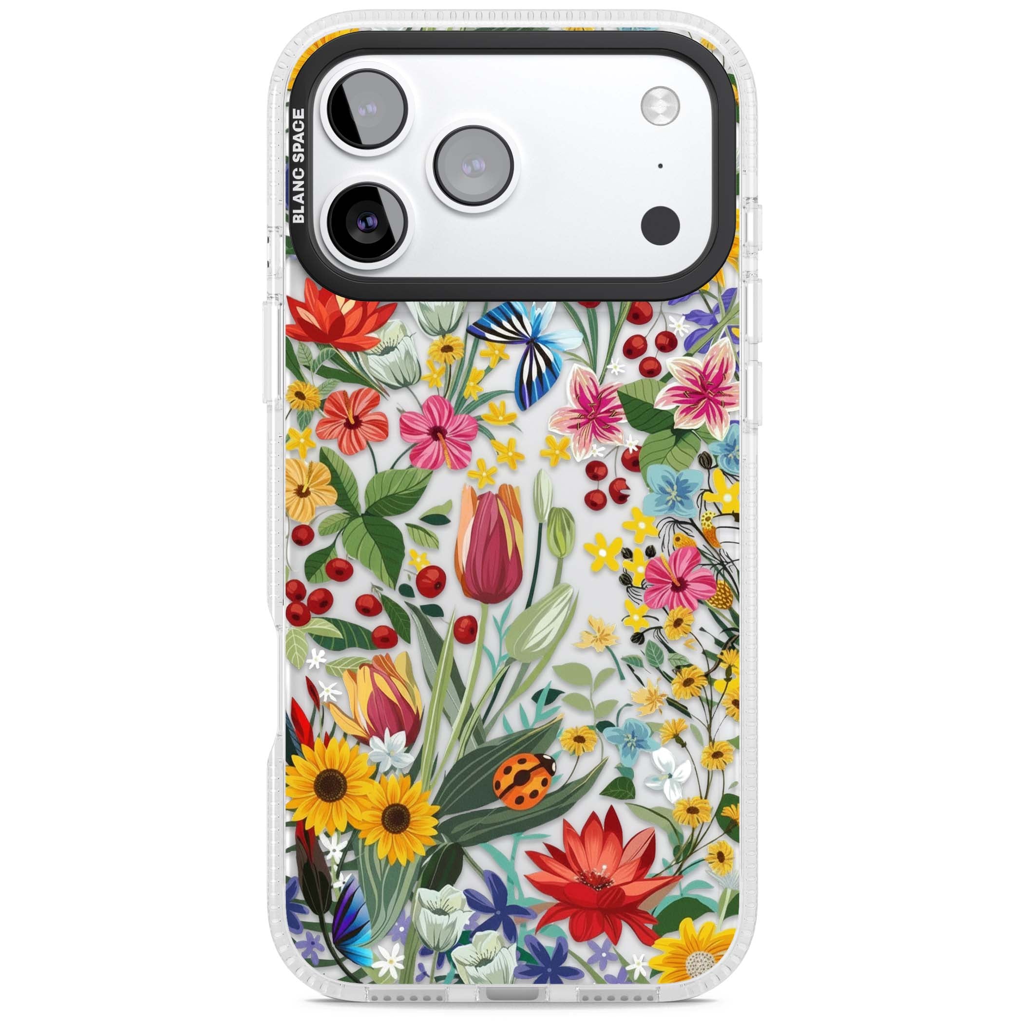 Botanical Bloom cottagecore iPhone case featuring colorful wildflowers, sunflowers, and ladybugs on clear background | Clear Case Impact Air case for iPhone 17 Pro, iPhone 17 Pro Max