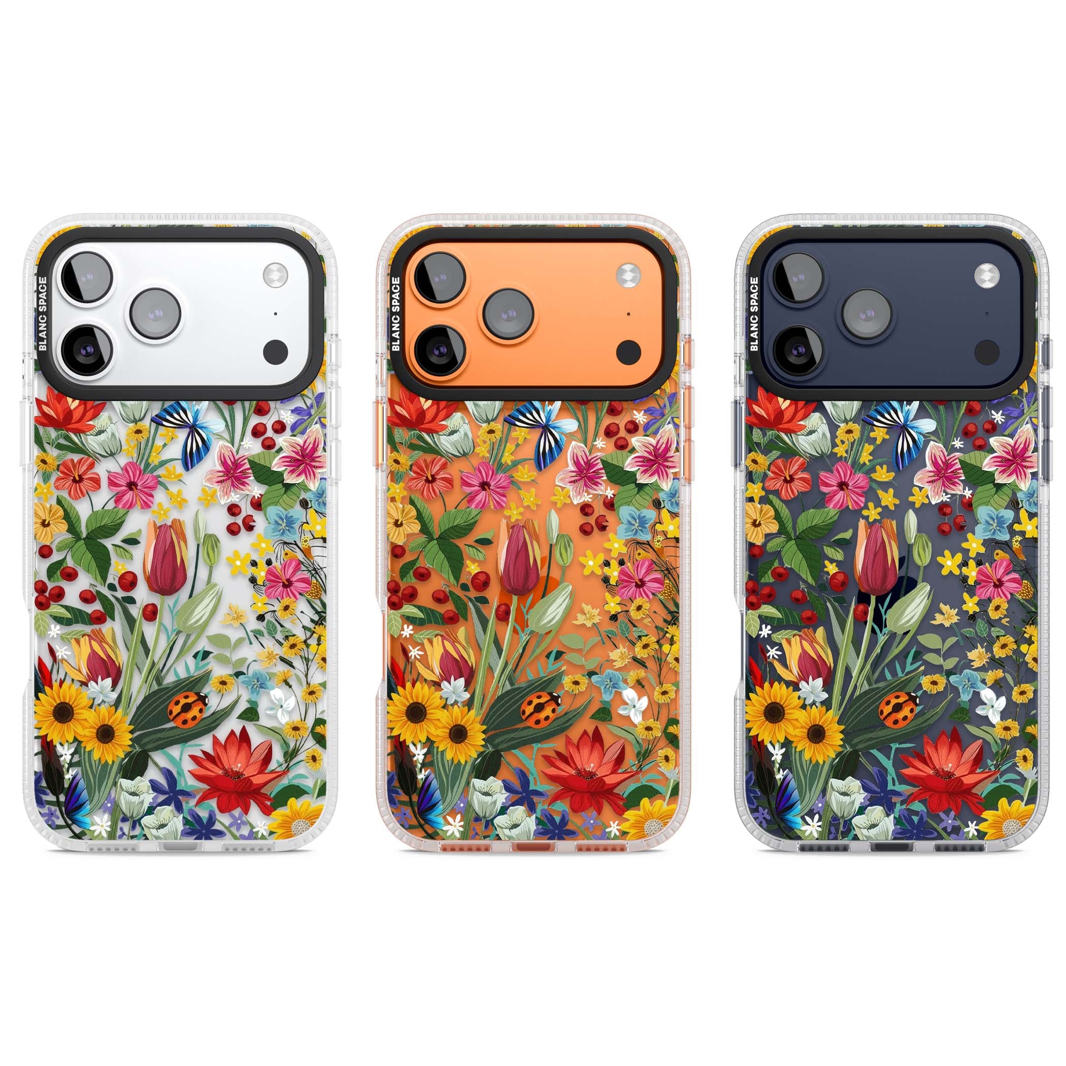 Botanical Bloom cottagecore iPhone case featuring colorful wildflowers, sunflowers, and ladybugs on clear background | Clear Case Impact Air case for iPhone 17 Pro, iPhone 17 Pro Max