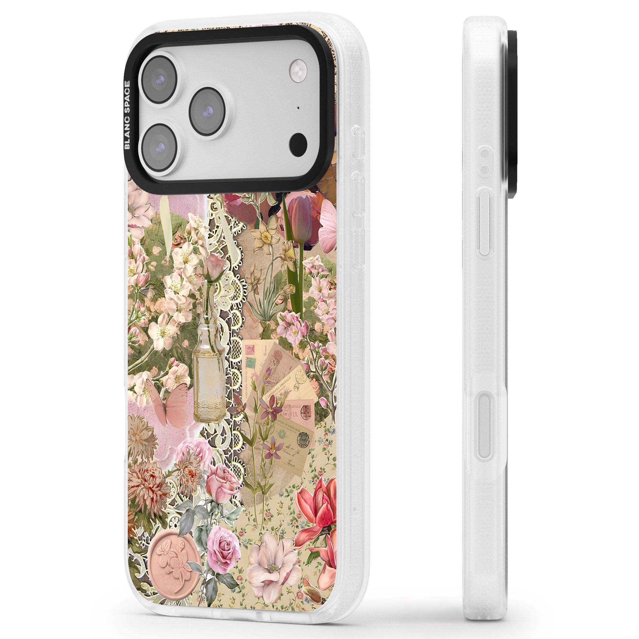 Soft Pink Flower Collage iPhone 17 Pro Max Impact Air Clear Phone Case Side Profile