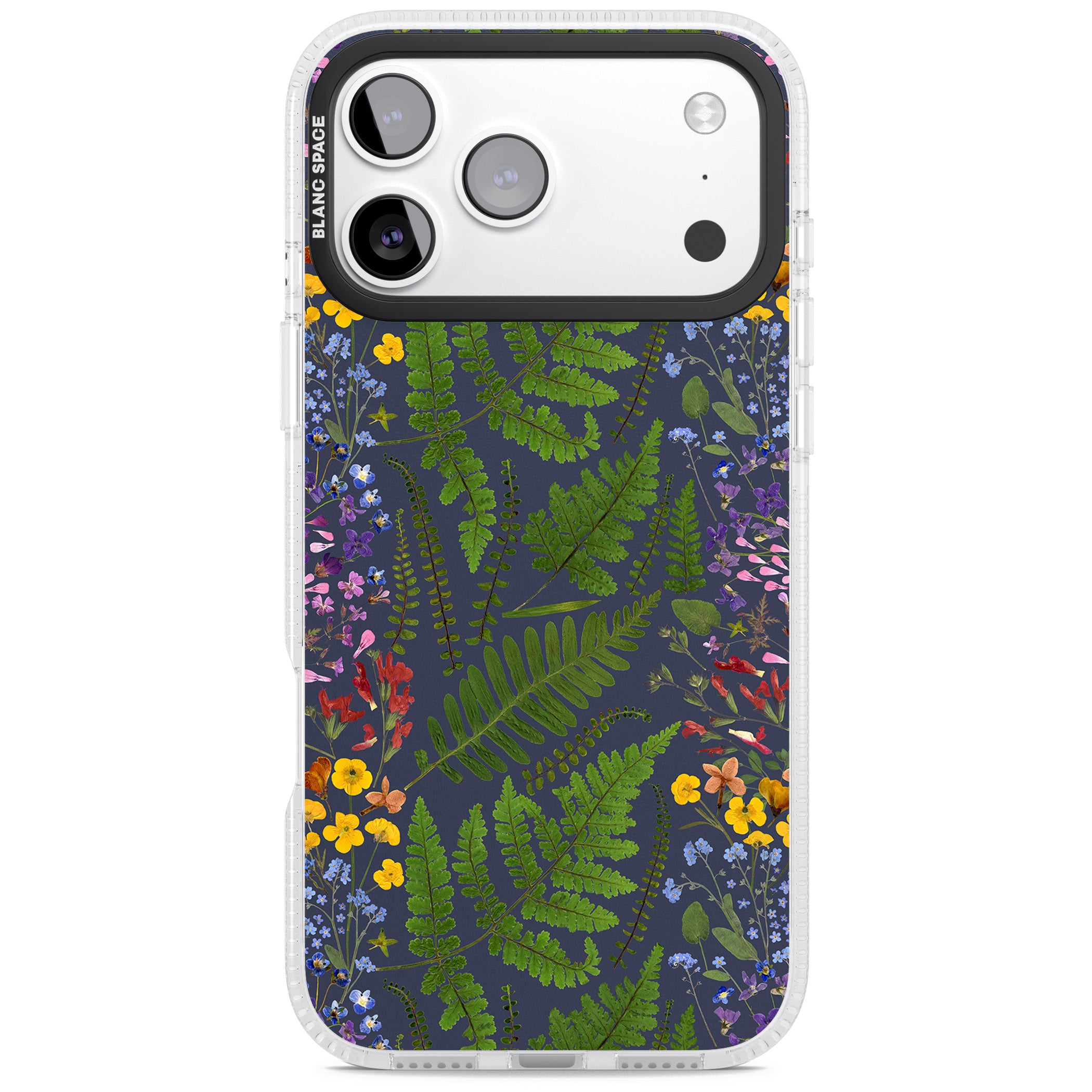 Busy Floral And Fern Design Navy iPhone 17 Pro Impact Air Clear Phone Case