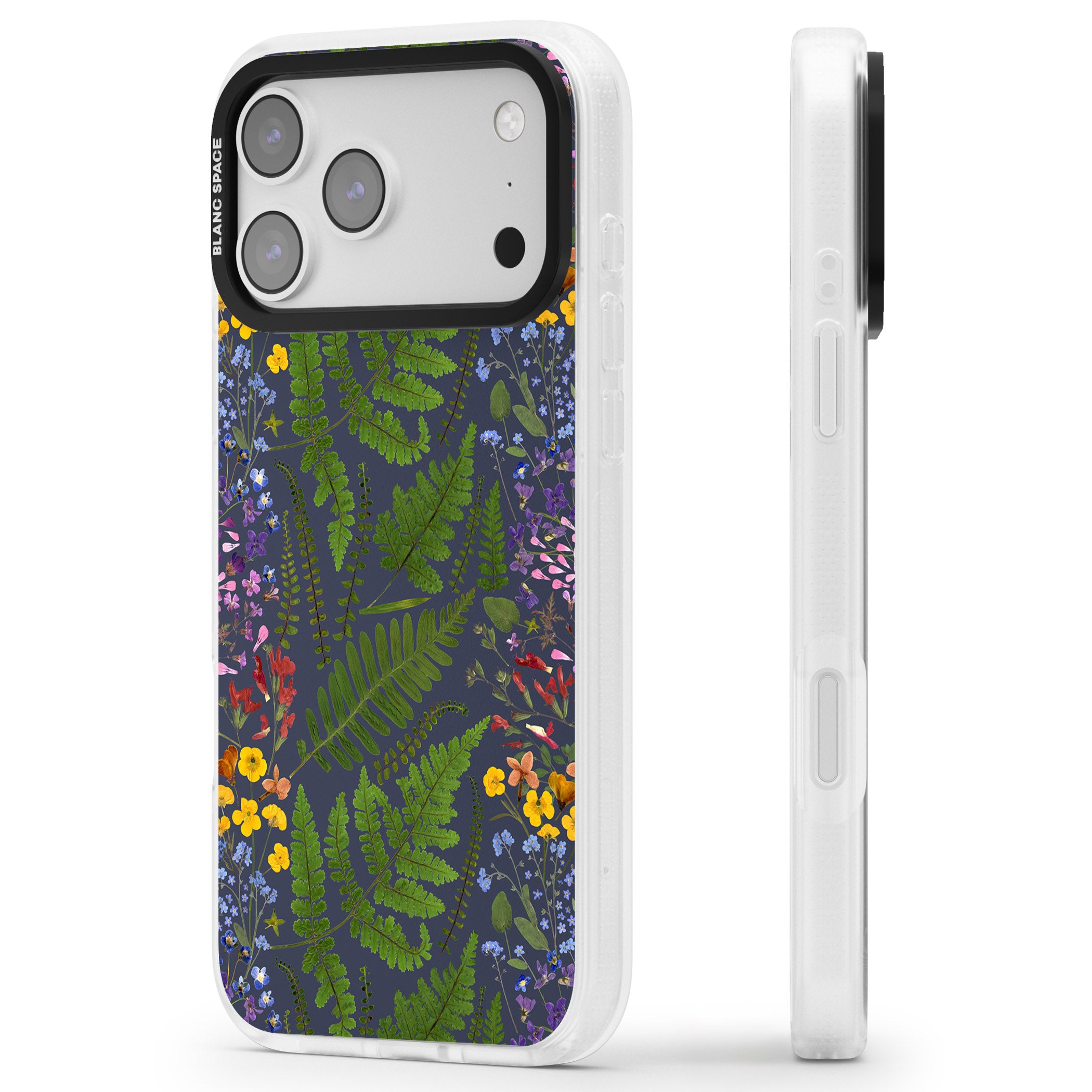 Busy Floral And Fern Design Navy iPhone 17 Pro Impact Air Clear Phone Case Side Profile