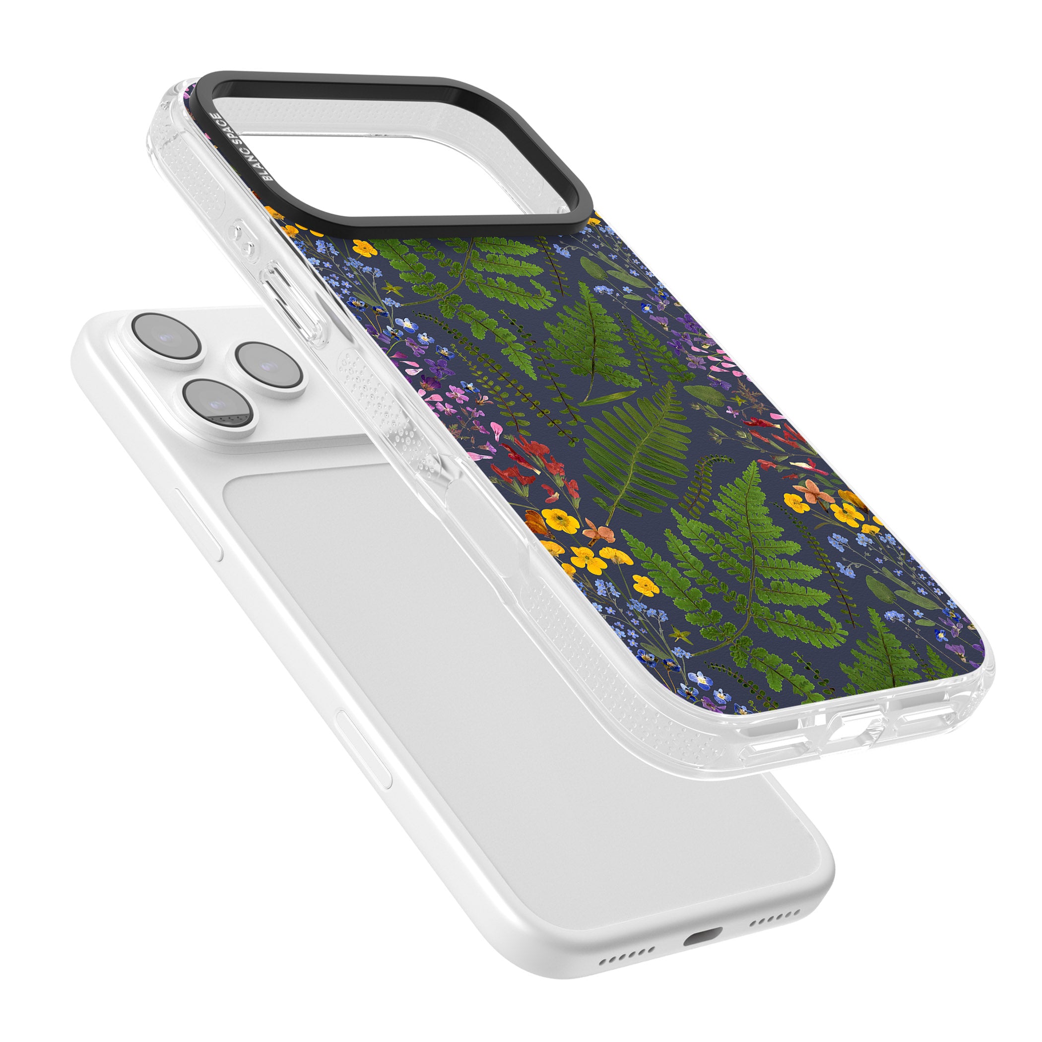 Busy Floral And Fern Design Navy iPhone 17 Pro Max Impact Air Clear Phone Case Colours