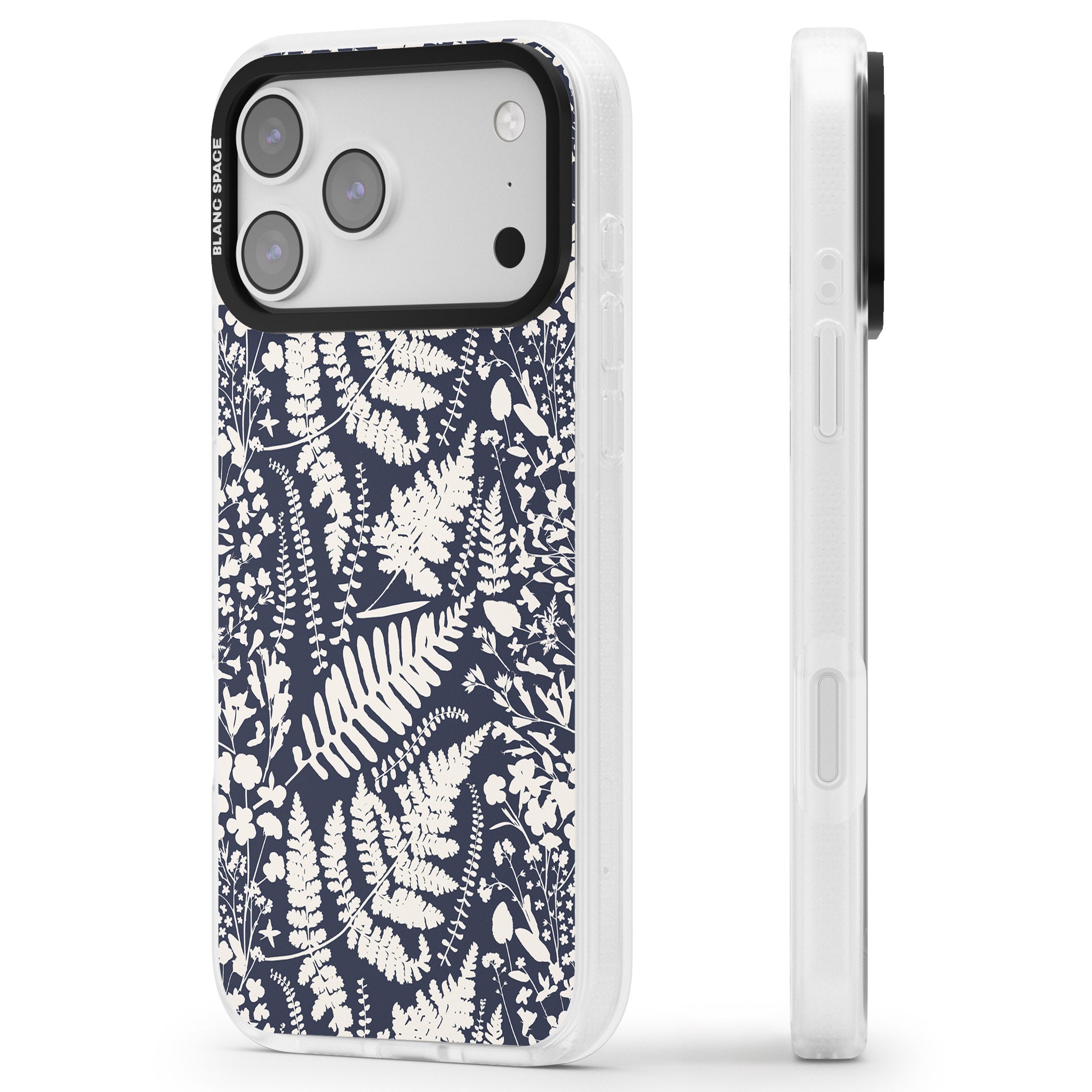 Wildflowers & Ferns On Navy iPhone 17 Pro Impact Air Clear Phone Case Side Profile
