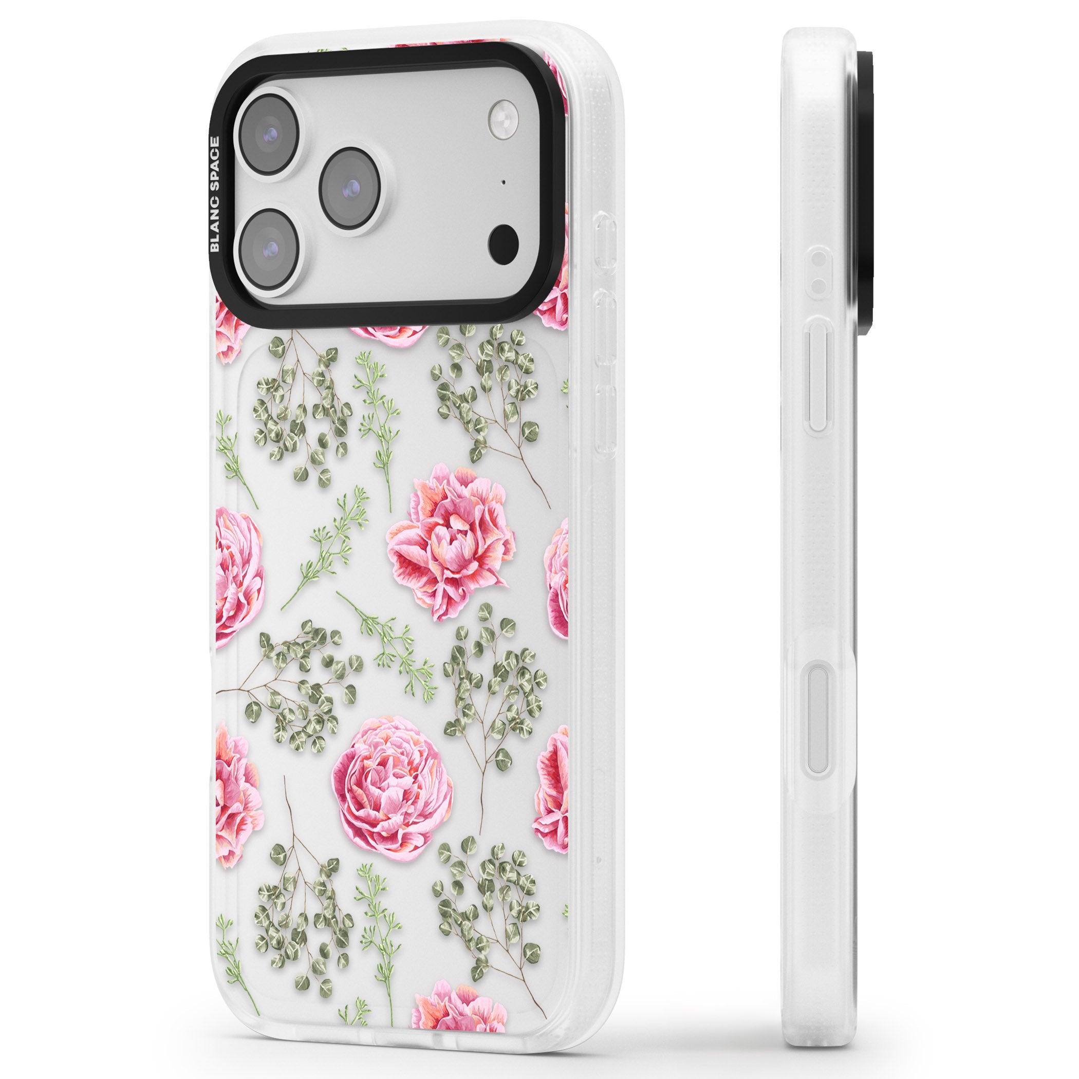 Roses & Eucalyptus Floral iPhone 17 Pro Impact Air Clear Phone Case Side Profile