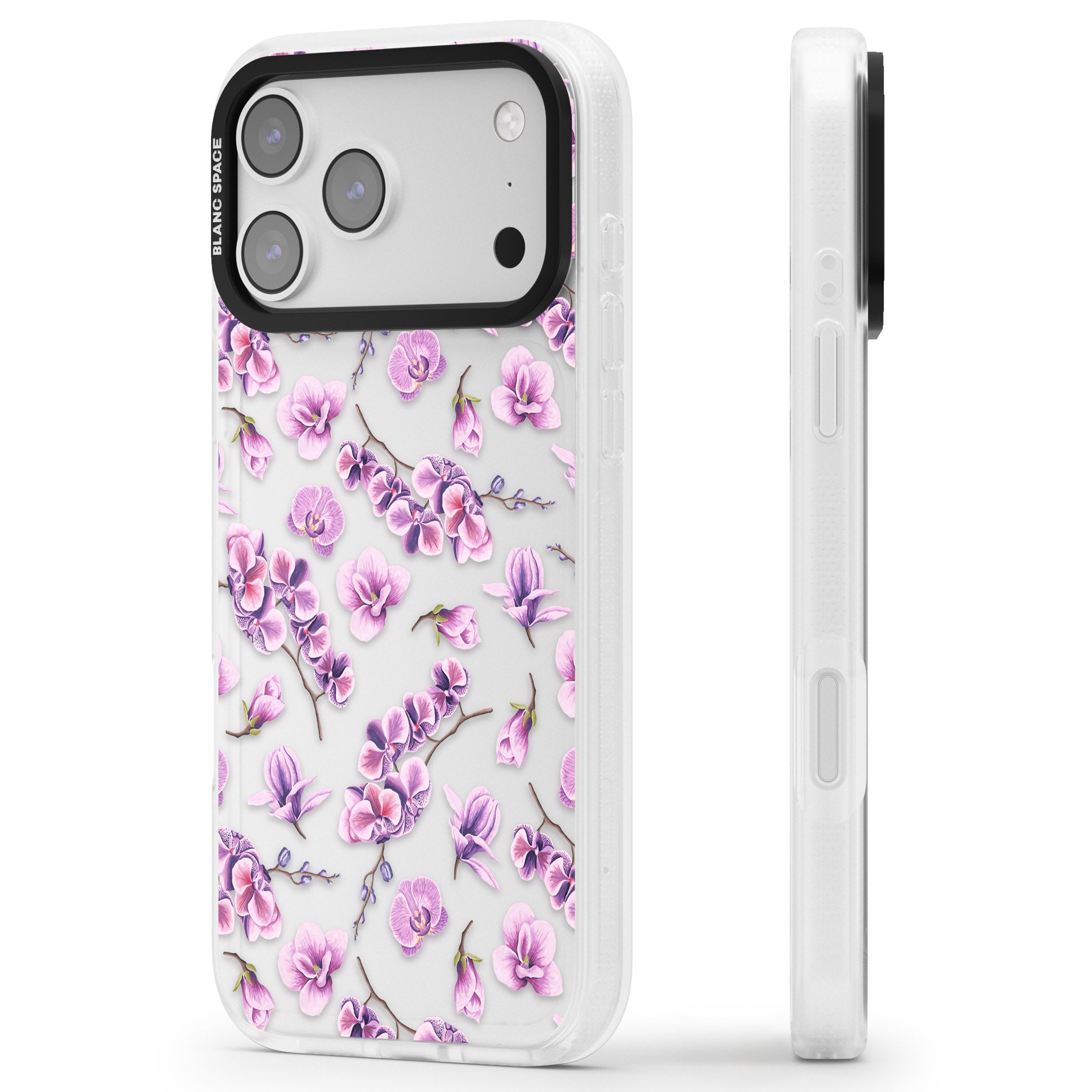 Purple Orchids Floral iPhone 17 Pro Impact Air Clear Phone Case Side Profile