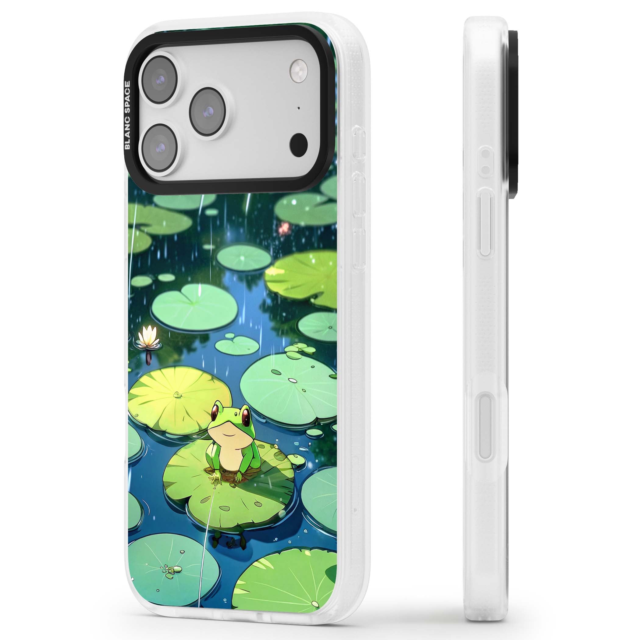 Frog In Lily Pond cottagecore iPhone case featuring a cute green frog on a lily pad with falling rain and a lotus flower | Clear Case Impact Air case for iPhone 17 Pro, iPhone 17 Pro Max