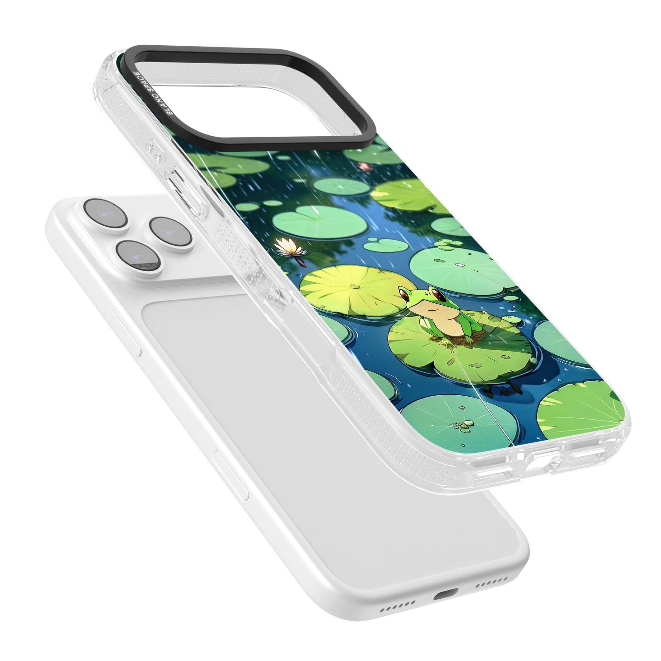 Frog In Lily Pond cottagecore iPhone case featuring a cute green frog on a lily pad with falling rain and a lotus flower | Clear Case Impact Air case for iPhone 17 Pro, iPhone 17 Pro Max