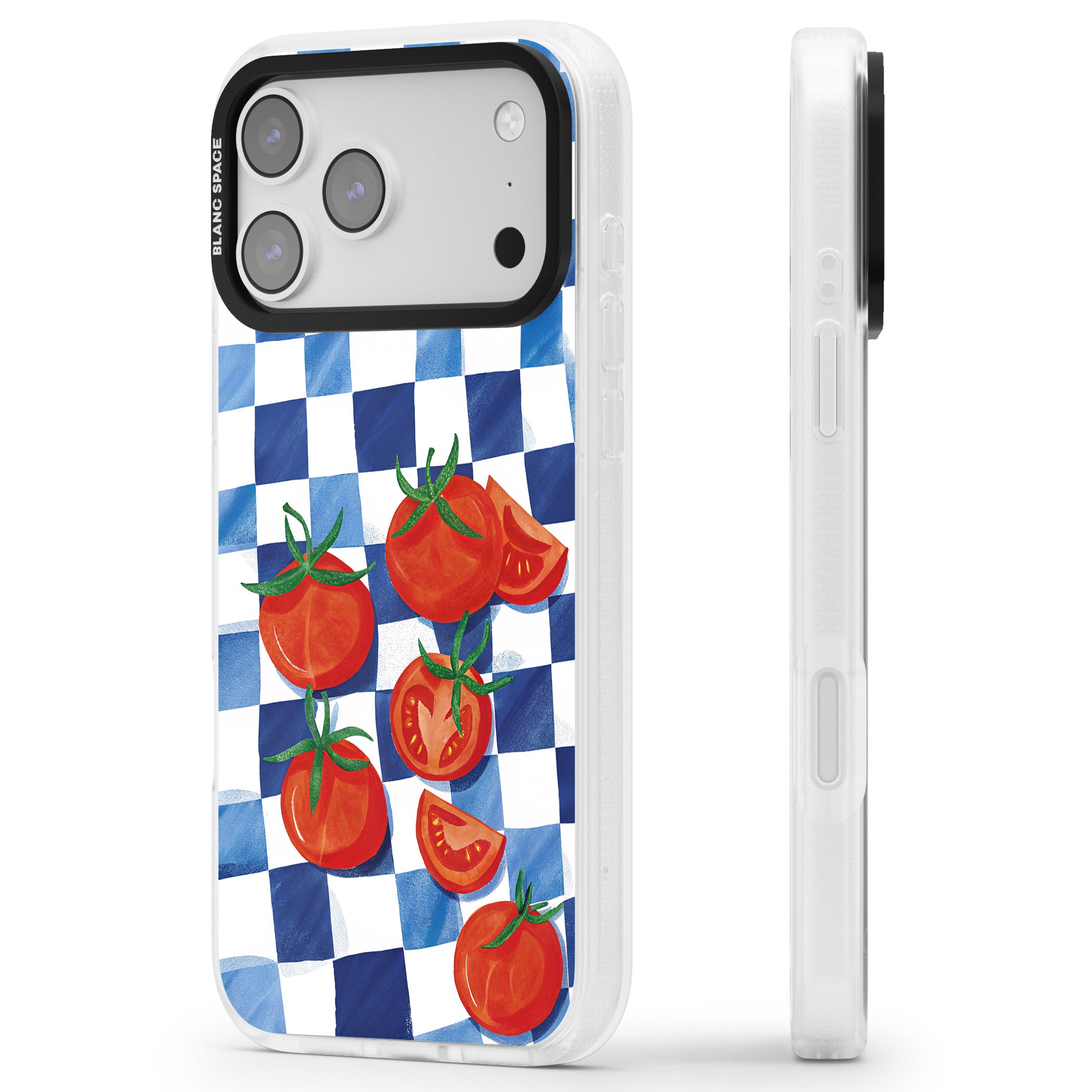 Blue Picnic Blanket & Tomatoes iPhone 17 Pro Impact Air Clear Phone Case Side Profile
