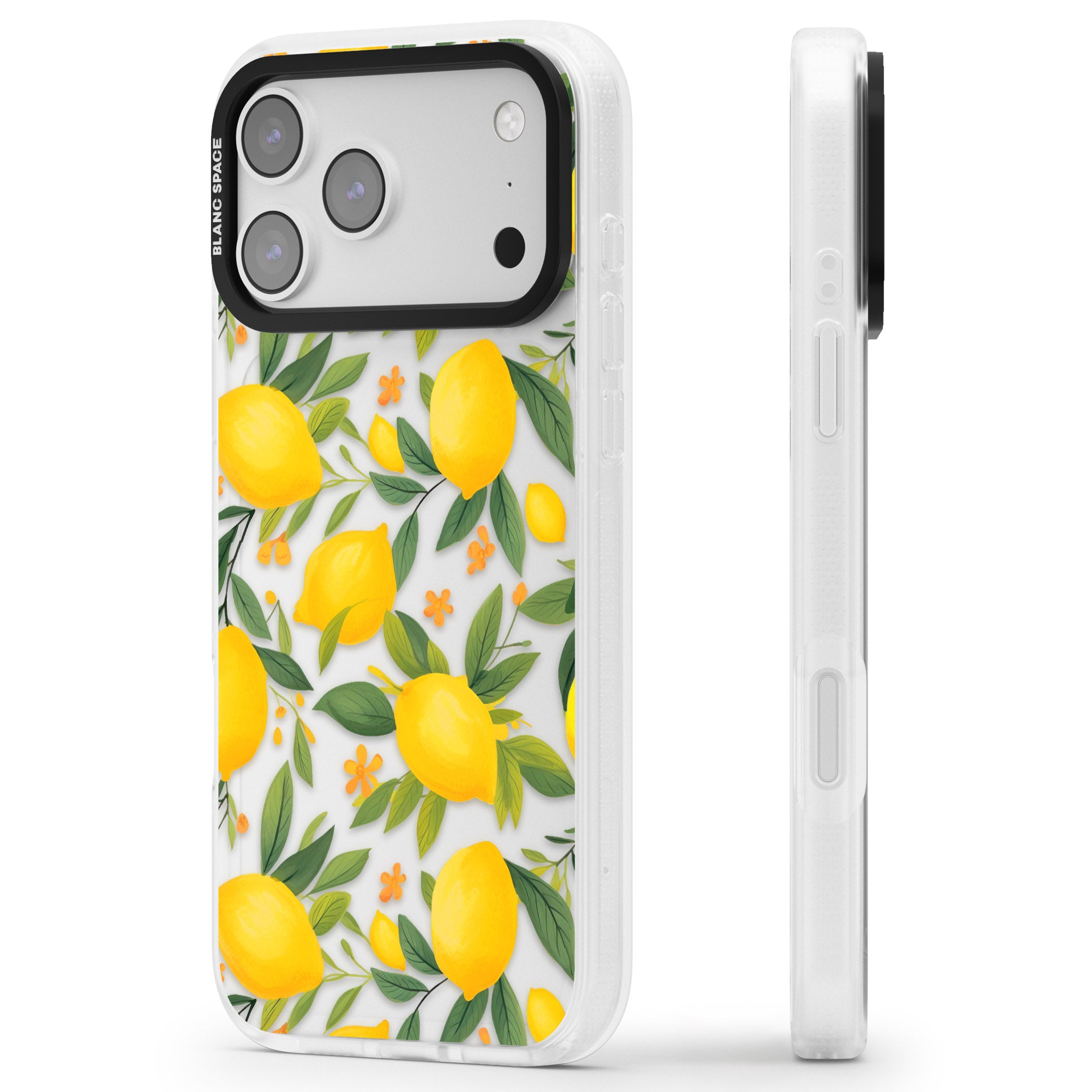 Lemon Pattern iPhone 17 Pro Impact Air Clear Phone Case Side Profile