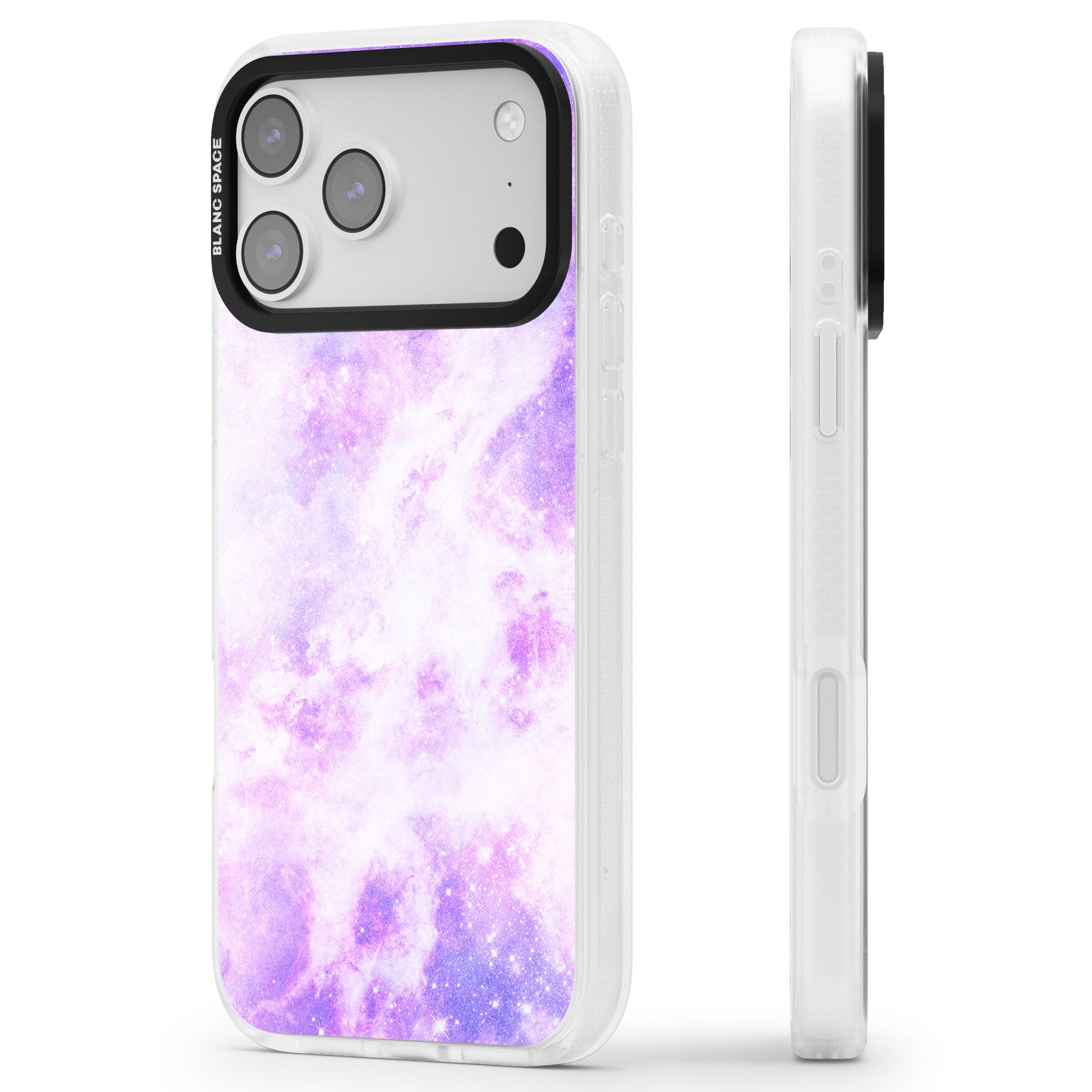 Purple Galaxy Vibes iPhone 17 Pro Max Impact Air Clear Phone Case Side Profile