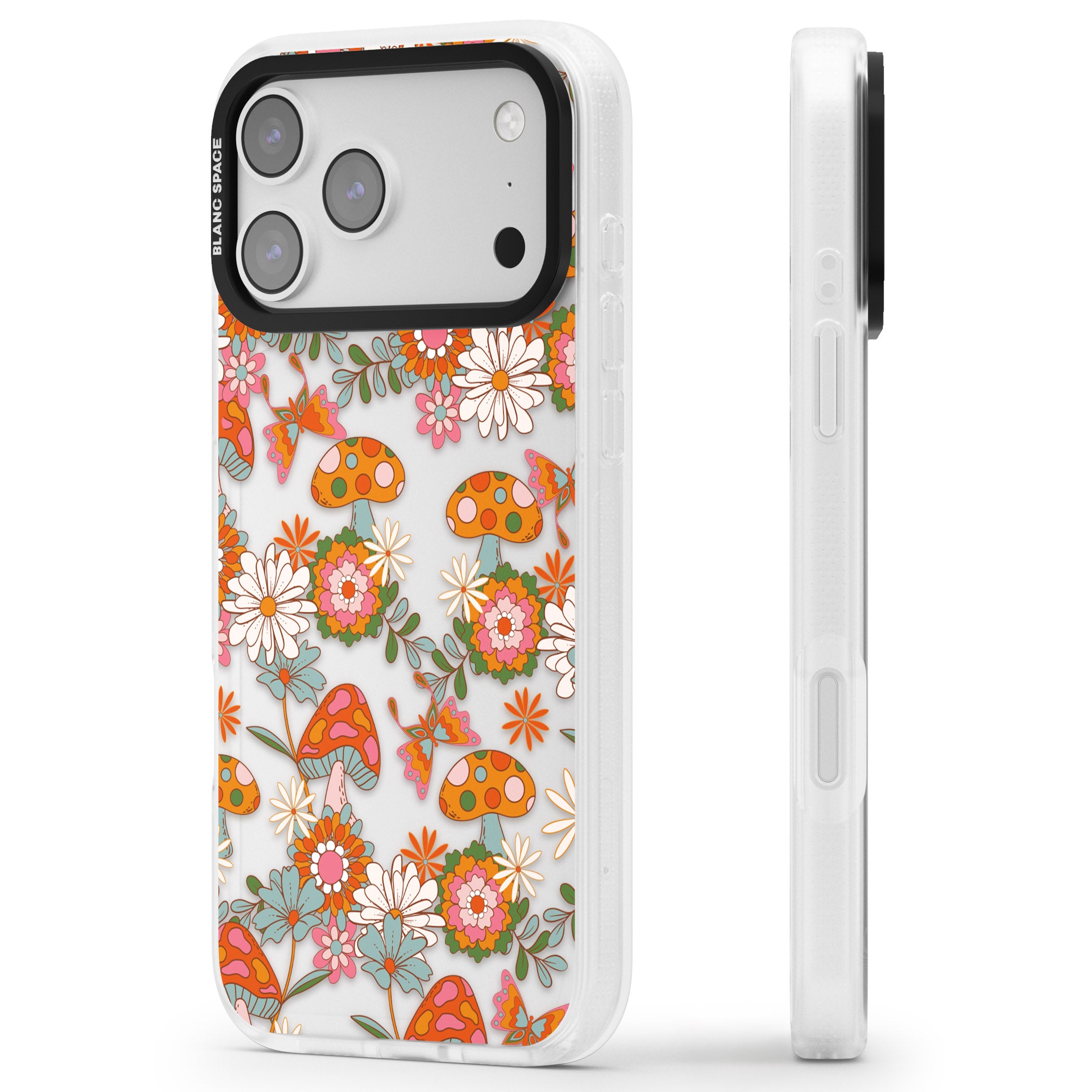 Groovy Shrooms & Flowers iPhone 17 Pro Max Impact Air Clear Phone Case Side Profile