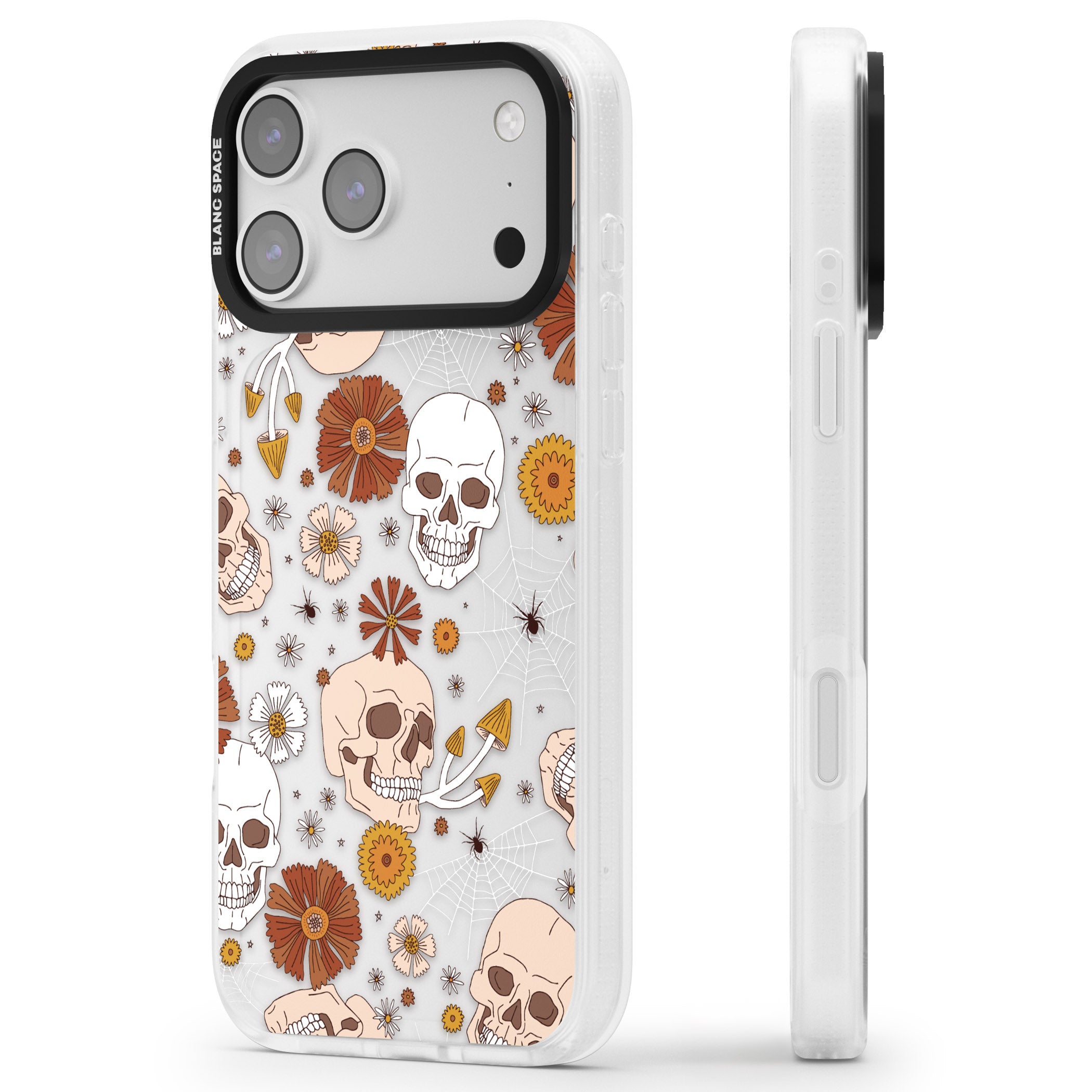 Halloween Skulls And Flowers iPhone 17 Pro Impact Air Clear Phone Case Side Profile