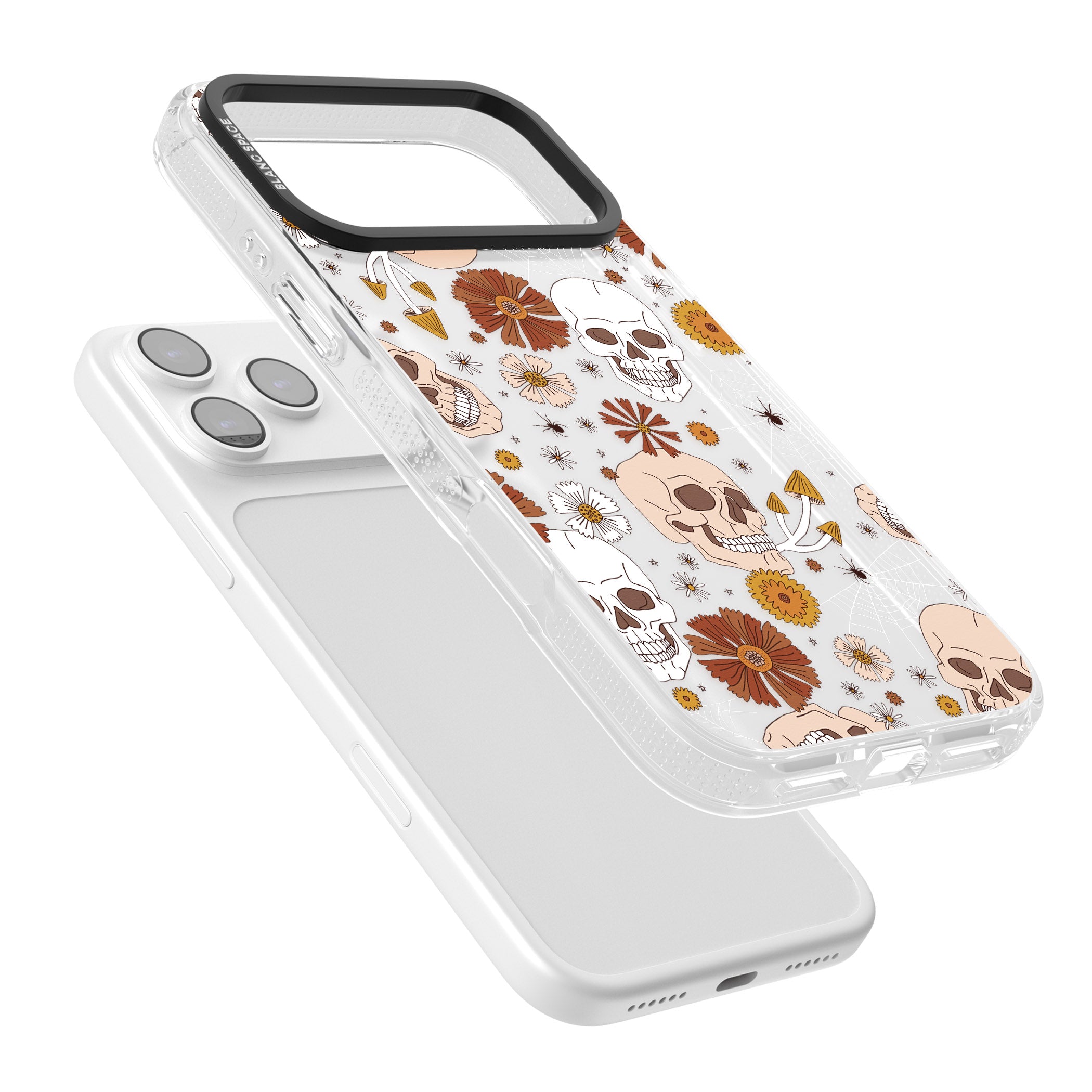 Halloween Skulls And Flowers iPhone 17 Pro Impact Air Clear Phone Case Colours
