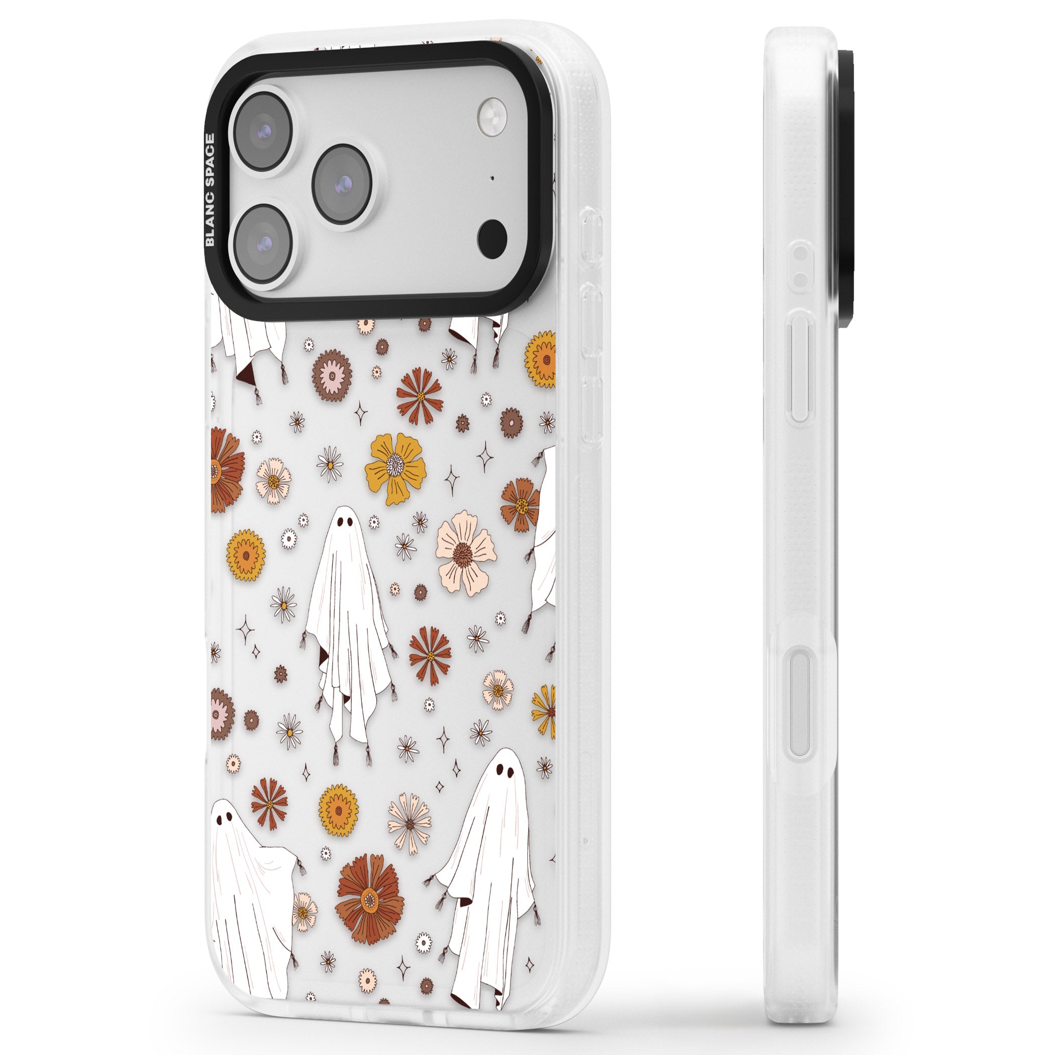 Halloween Ghosts And Flowers iPhone 17 Pro Max Impact Air Clear Phone Case Side Profile