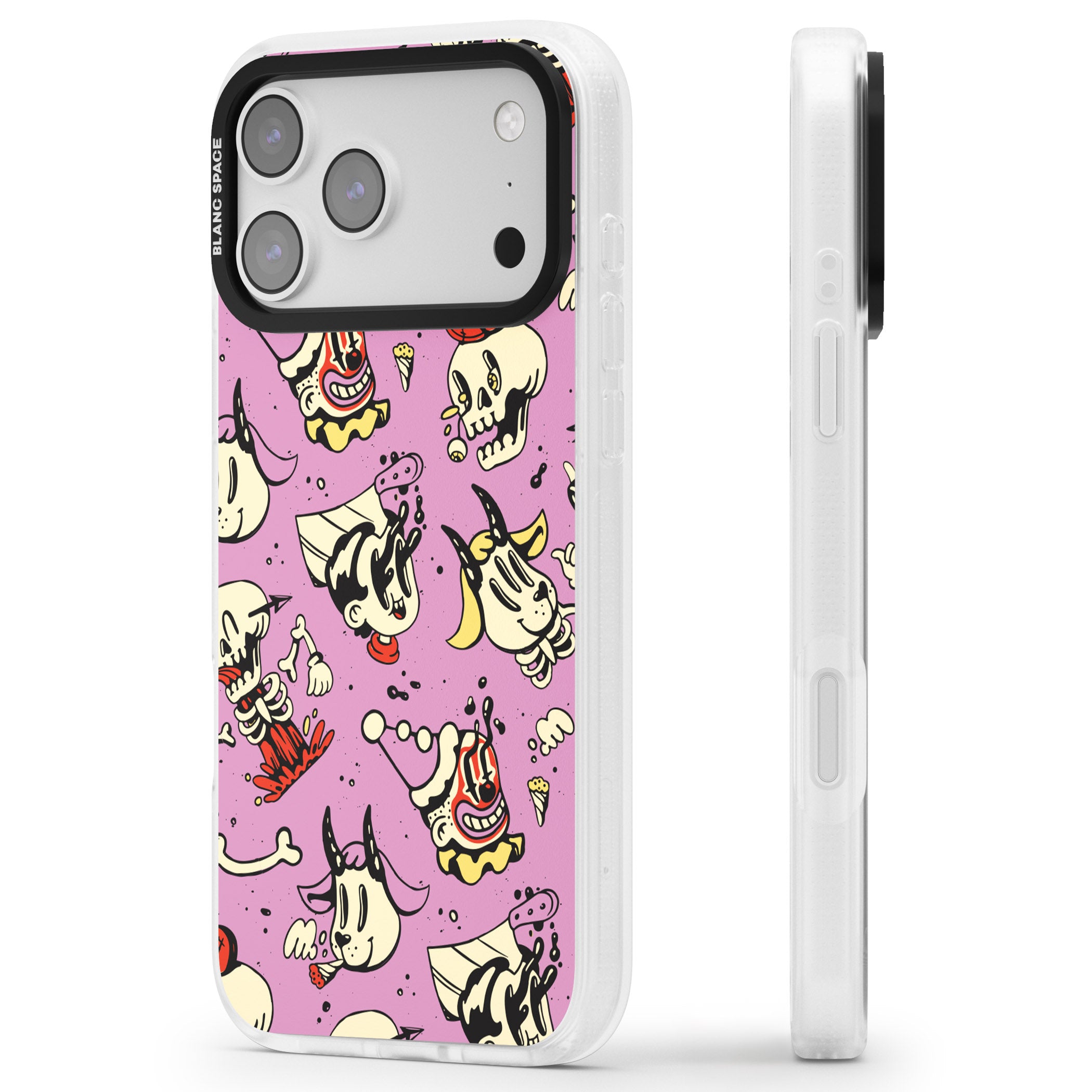 Purple Retro Halloween Pattern iPhone 17 Pro Impact Air Clear Phone Case Side Profile