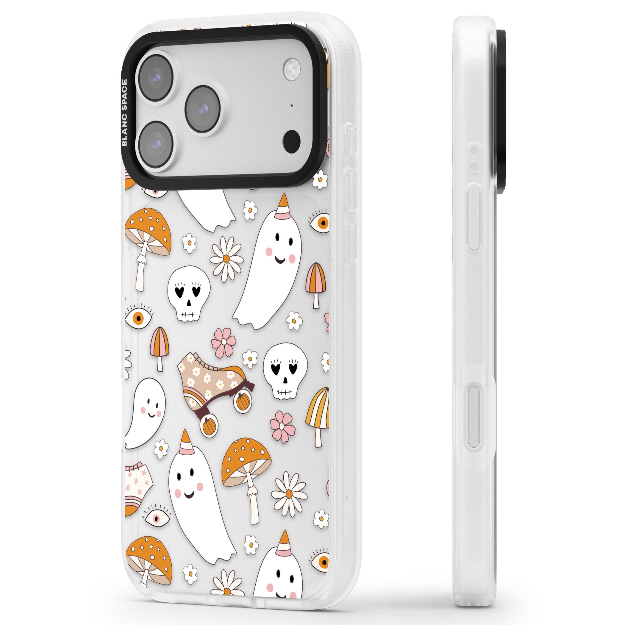 Cute Ghost And Skulls Pattern iPhone 17 Pro Max Impact Air Clear Phone Case Side Profile