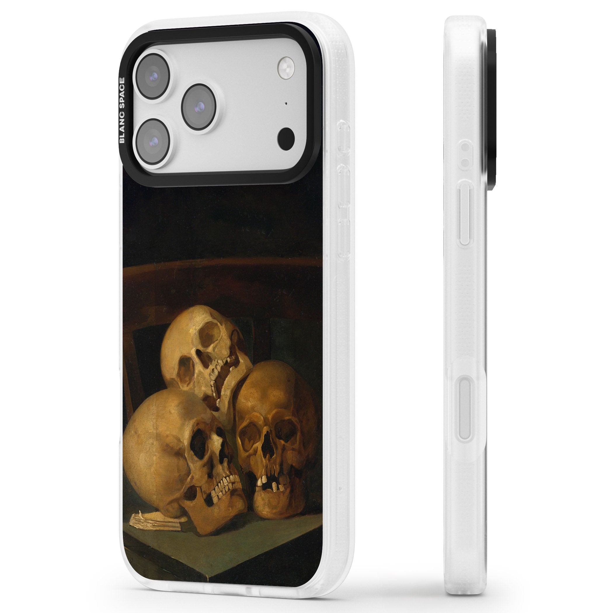Still Life Of Three Skulls iPhone 17 Pro Max Impact Air Clear Phone Case Side Profile
