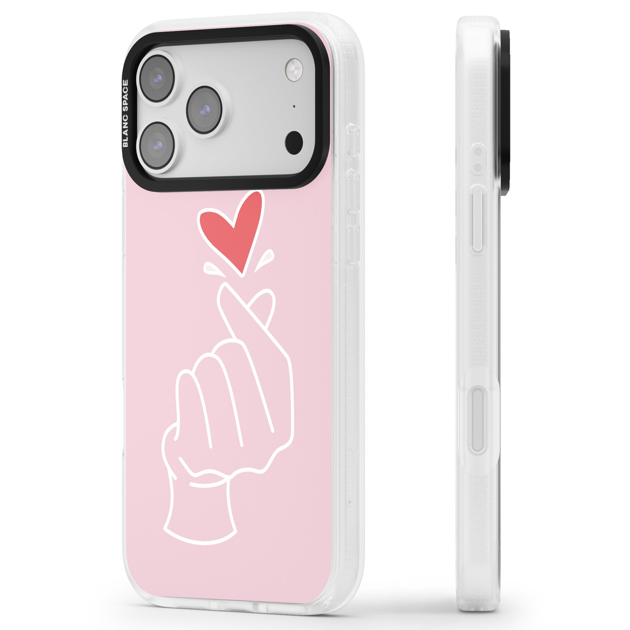 Pink Heart Hand iPhone 17 Pro Max Impact Air Clear Phone Case Side Profile