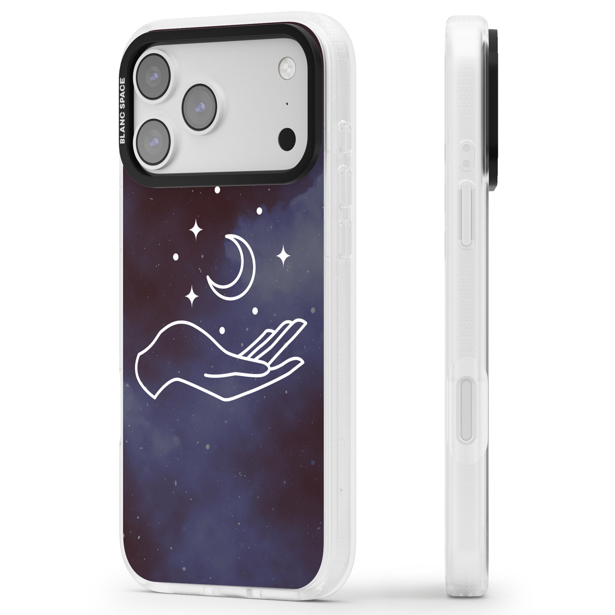 Celestial Hand & Moon iPhone 17 Pro Impact Air Clear Phone Case Side Profile